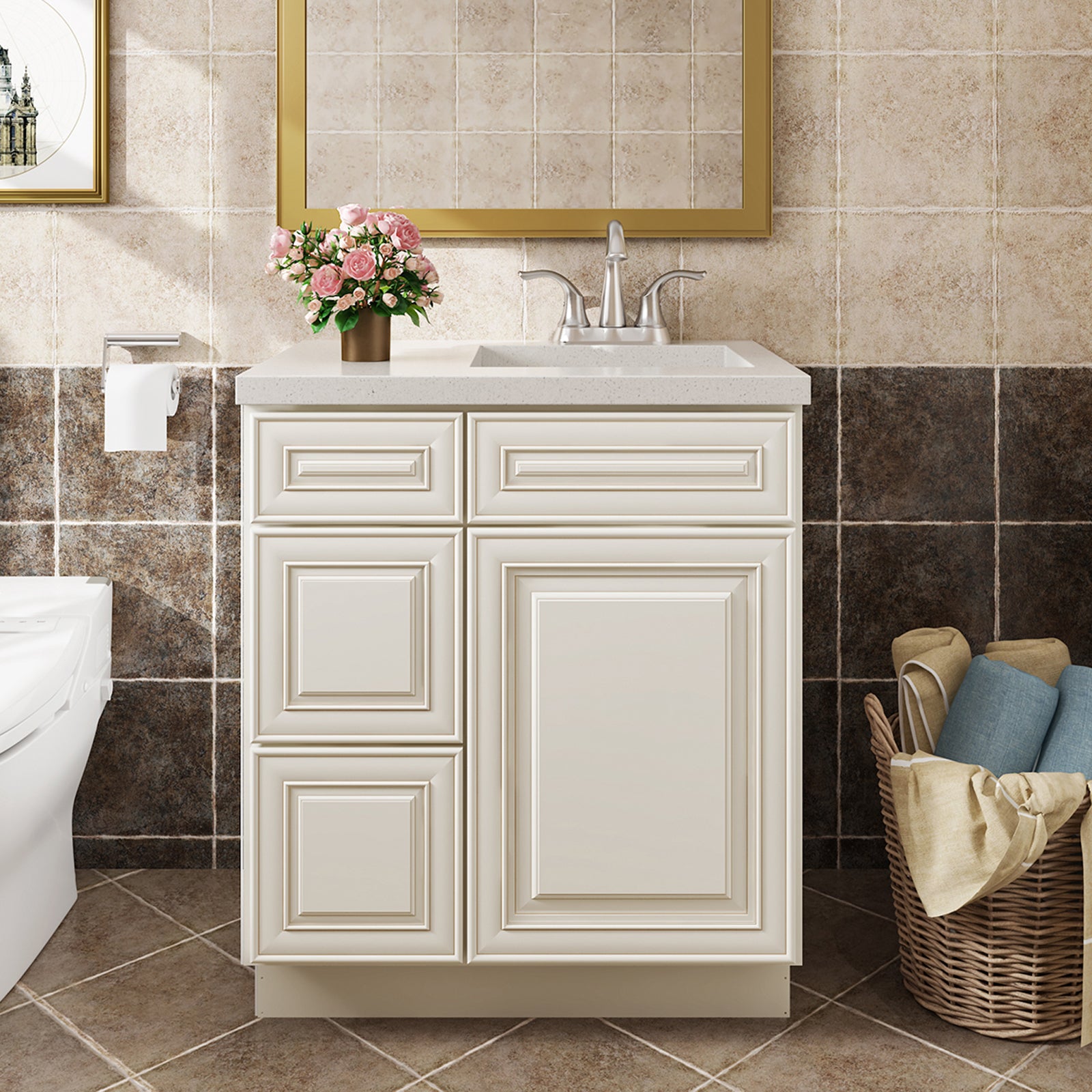 V Series One Left Door Three Drawer Bathroom Vanity Base Cabinet, Kitchen Cabinet