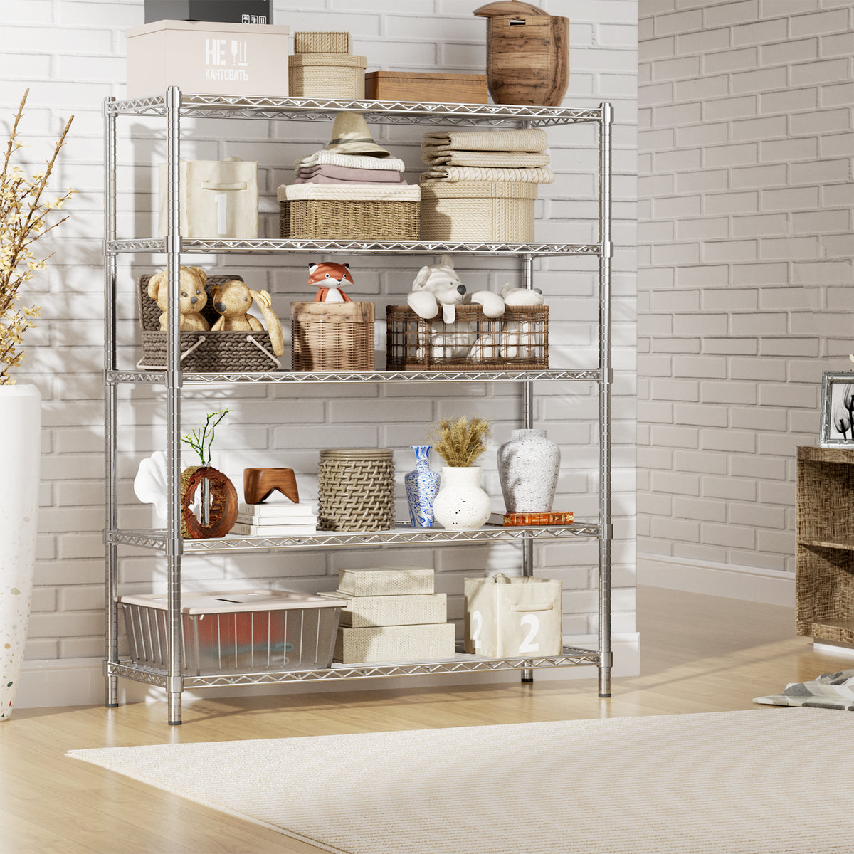 5-Tier Height-Adjustable Garage Wire Shelving Unit for Kitchen, Laundry Room, Pantry, Warehouse, Basement