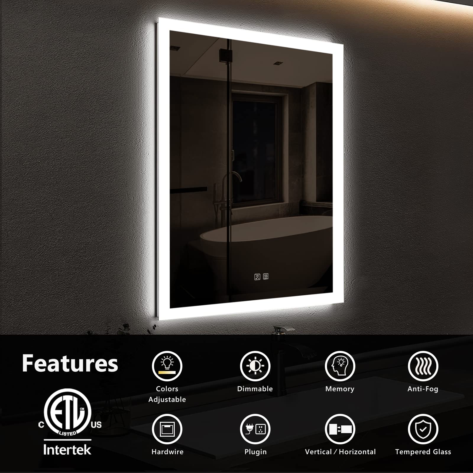 Frameless Rectangular Led Bathrooms Mirrors with Dimmable Lights