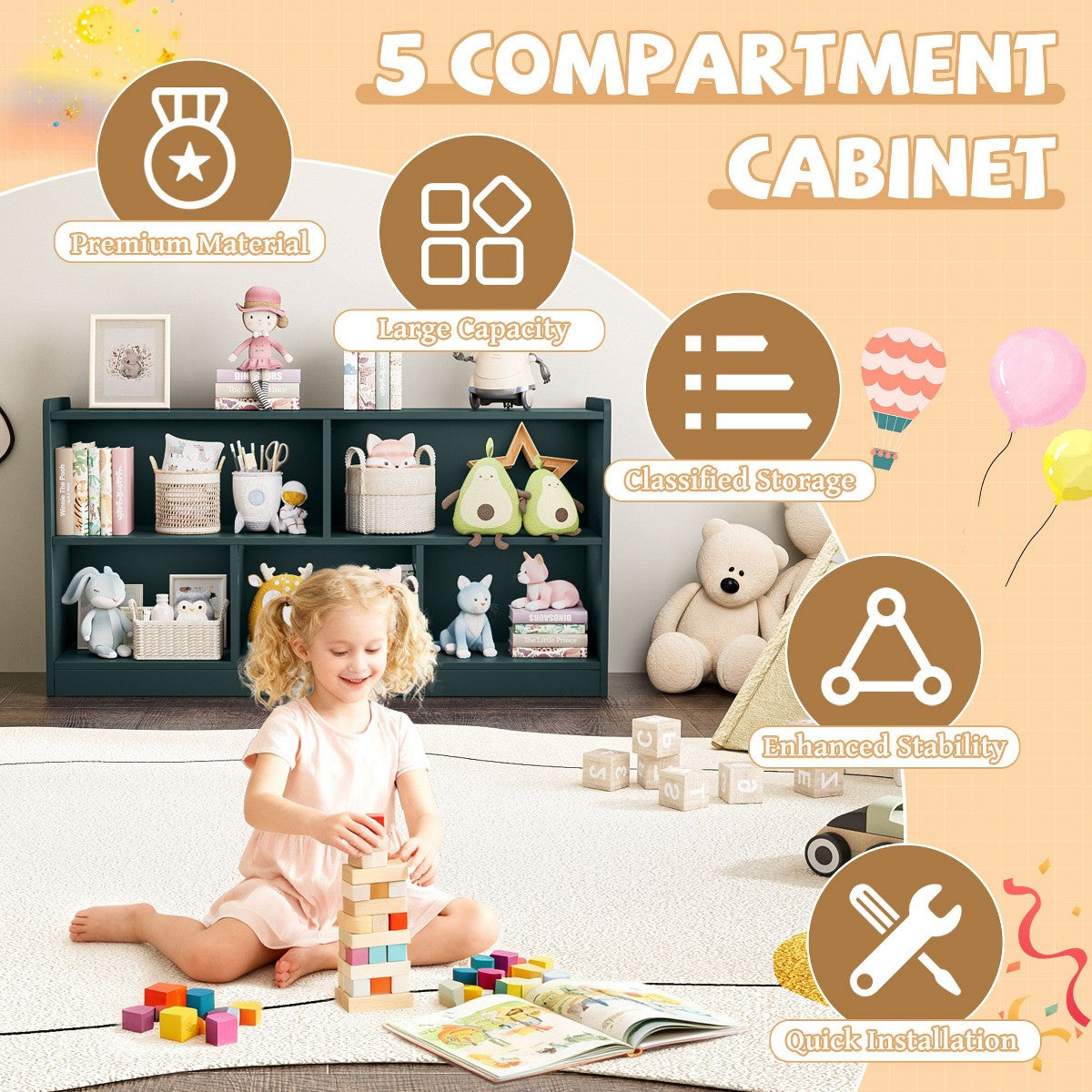 Wooden Storage Cabinet with 5 Sections Montessori Kids Bookshelf and Toy Organizer for Nursery Playroom and Classroom