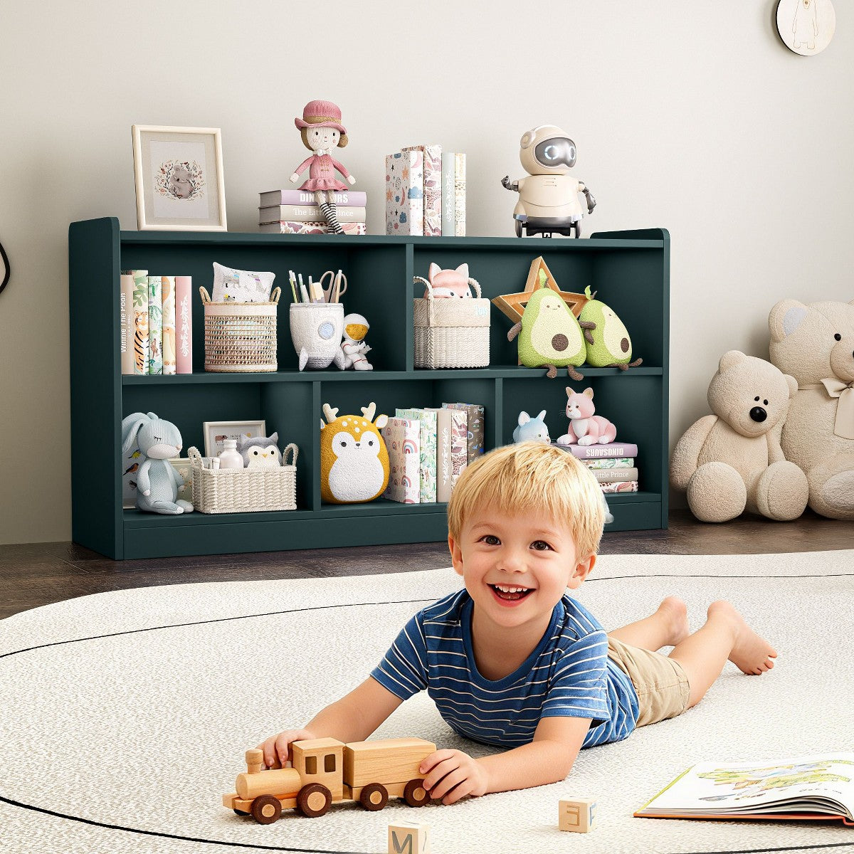 Wooden Storage Cabinet with 5 Sections Montessori Kids Bookshelf and Toy Organizer for Nursery Playroom and Classroom