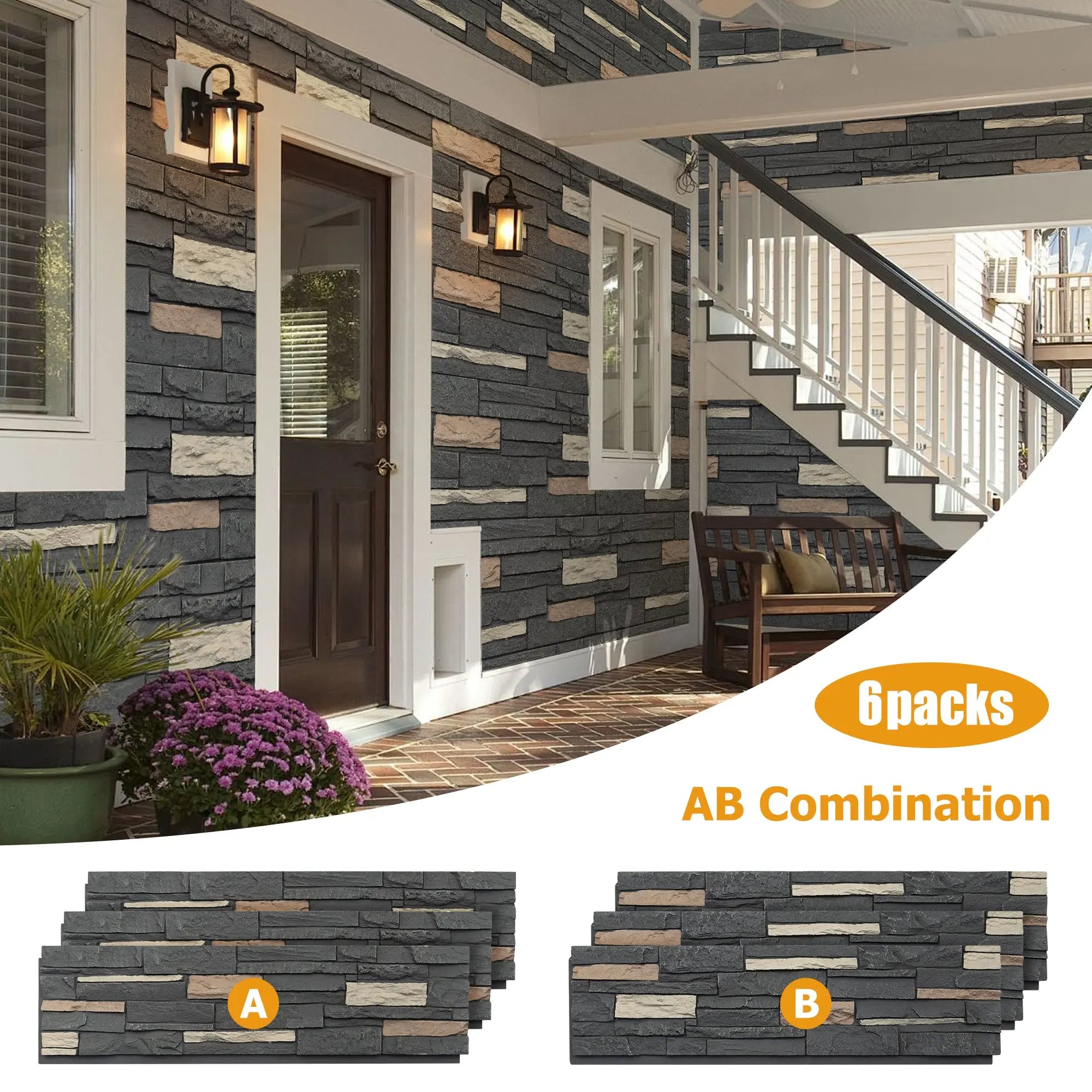 Hausvita PU Stone Panel Faux Stone Look Wall 47.24"L x11.81"W