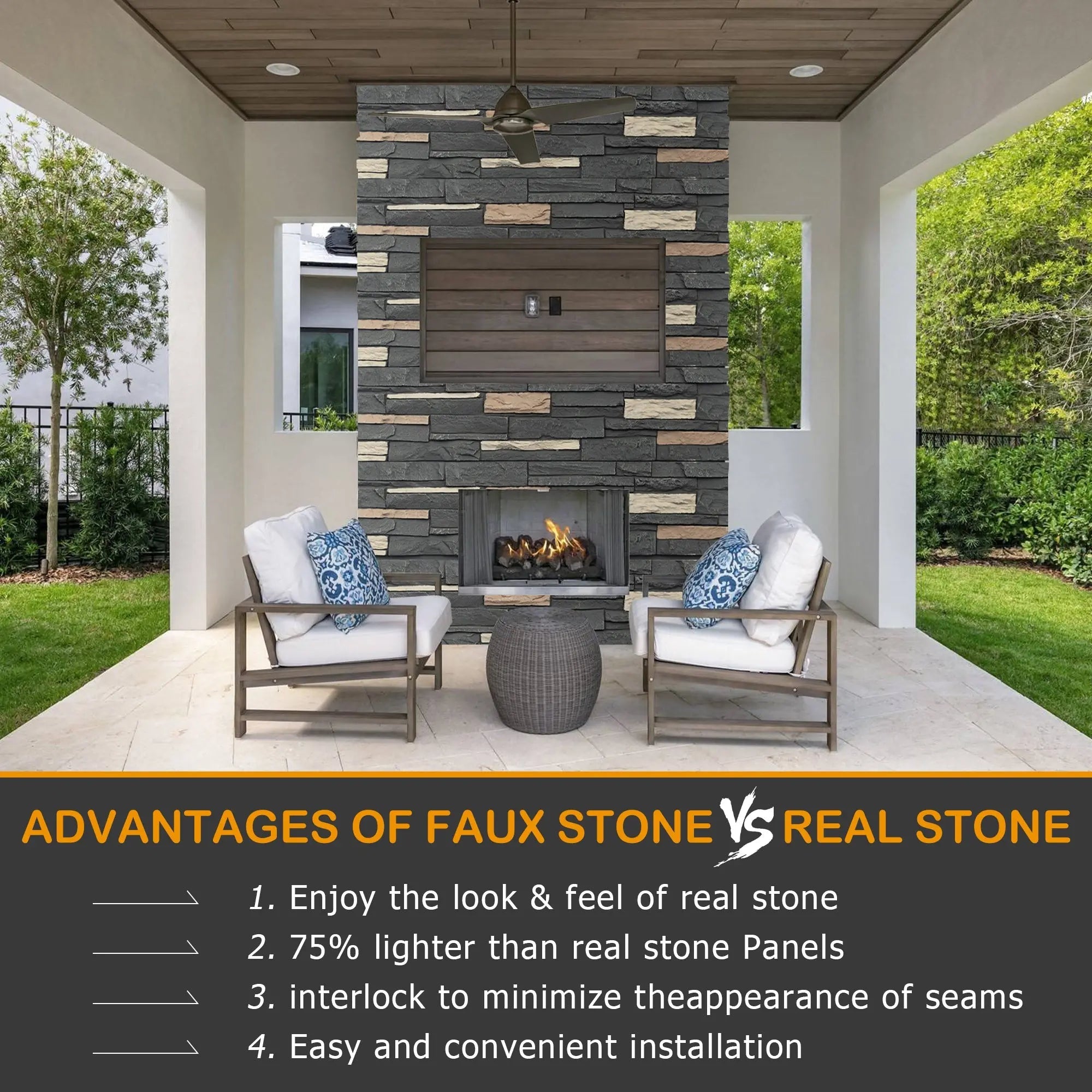 Hausvita PU Stone Panel Faux Stone Look Wall 47.24"L x11.81"W