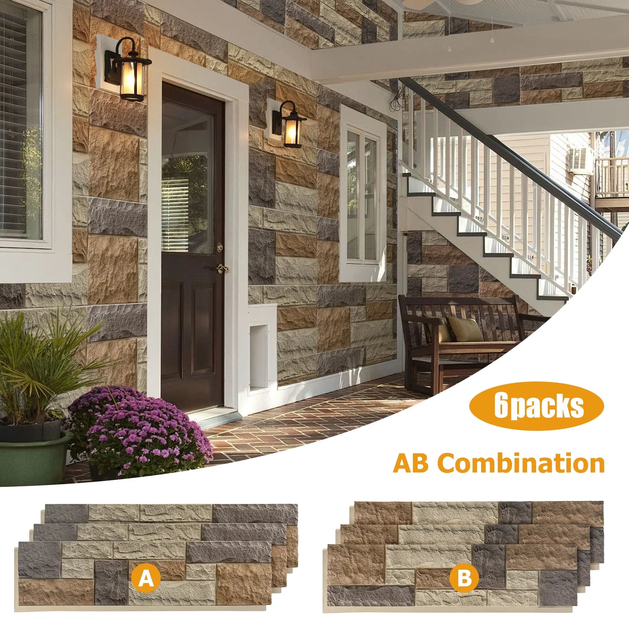 Hausvita PU Stone Panel Faux Stone Look Wall 47.24"L x11.81"W