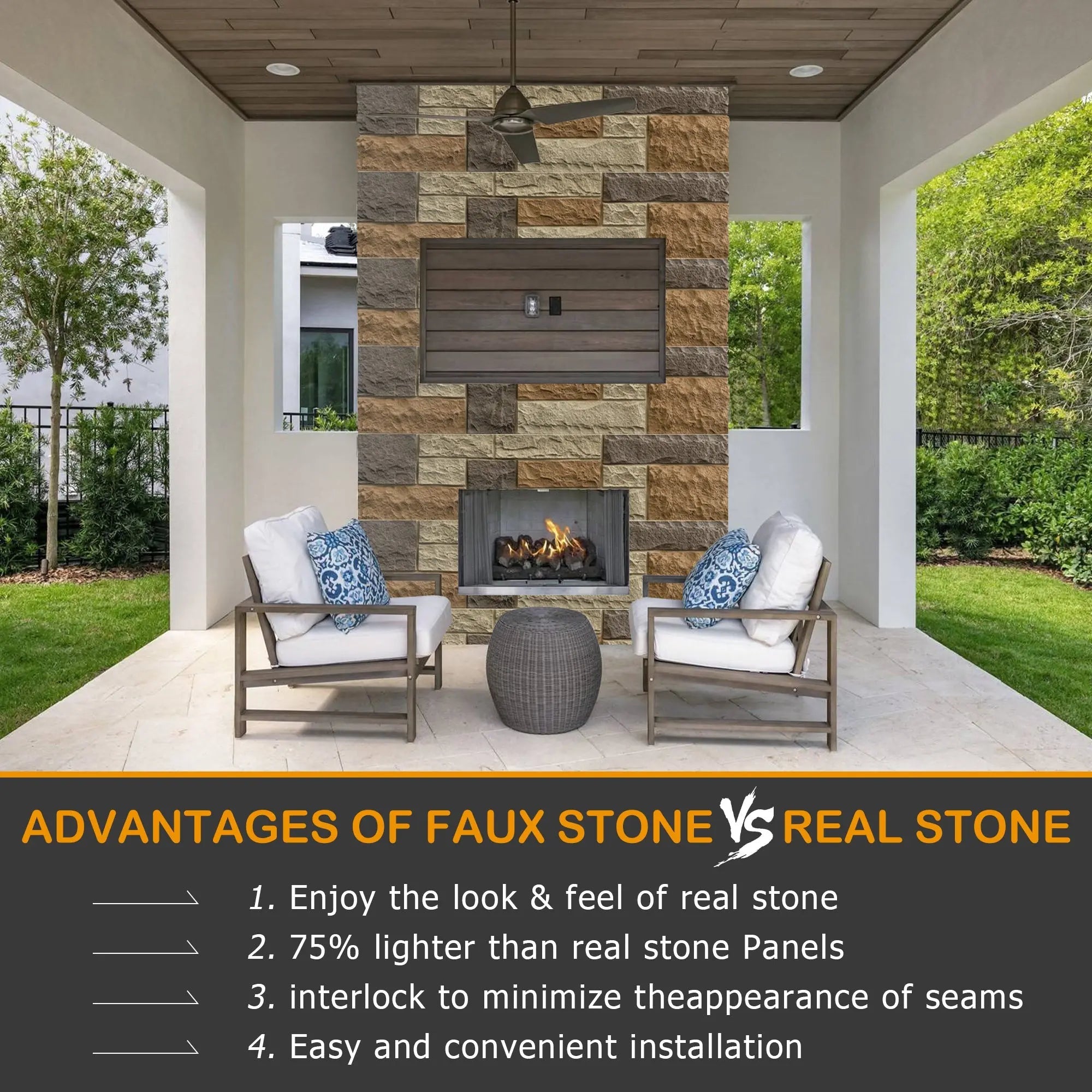 Hausvita PU Stone Panel Faux Stone Look Wall 47.24"L x11.81"W