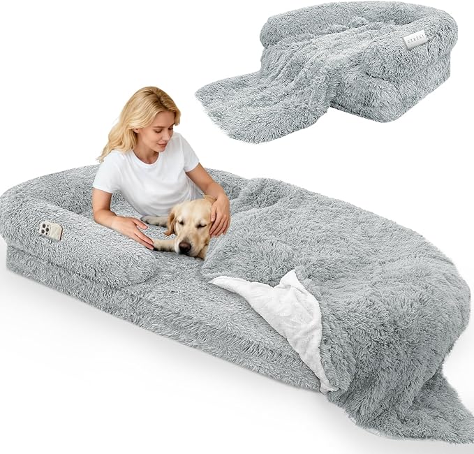 Foldable Human Dog Bed, Orthopedic Memory Foam Giant Bed Fits Adult and Pet Waterproof Washable 10 CM Thick 2 in 1 Flexible Oversize Pet Couch Sofa with Blanket,Pocket