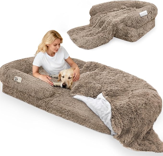 Foldable Human Dog Bed, Orthopedic Memory Foam Giant Bed Fits Adult and Pet Waterproof Washable 10 CM Thick 2 in 1 Flexible Oversize Pet Couch Sofa with Blanket,Pocket