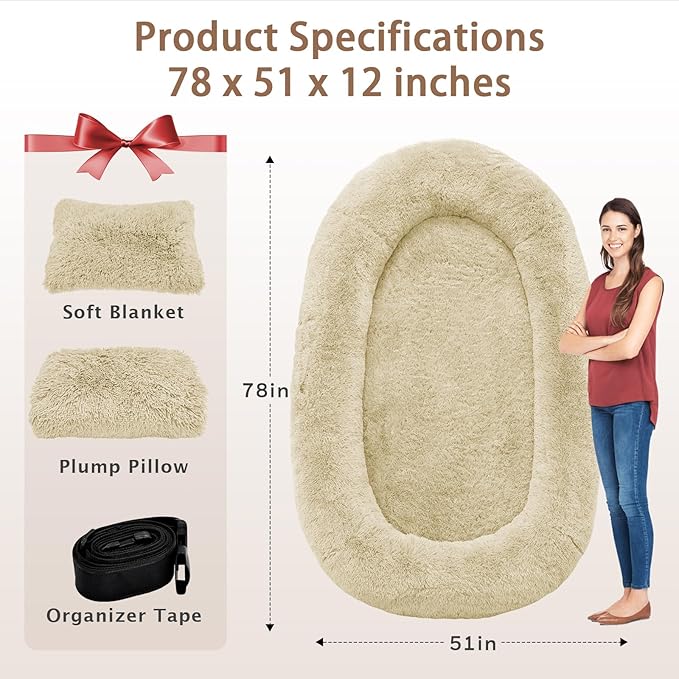 Human Dog Bed, Fits Adult and Pet Washable Giant People Bed 10 CM Thick Memory Foam Large Oversize Pet Bed with Plump Pillow, Blanket, Strap