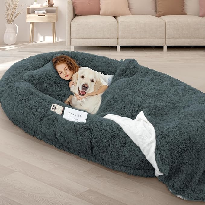 Human Dog Bed, Fits Adult and Pet Washable Giant People Bed 10 CM Thick Memory Foam Large Oversize Pet Bed with Plump Pillow, Blanket, Strap