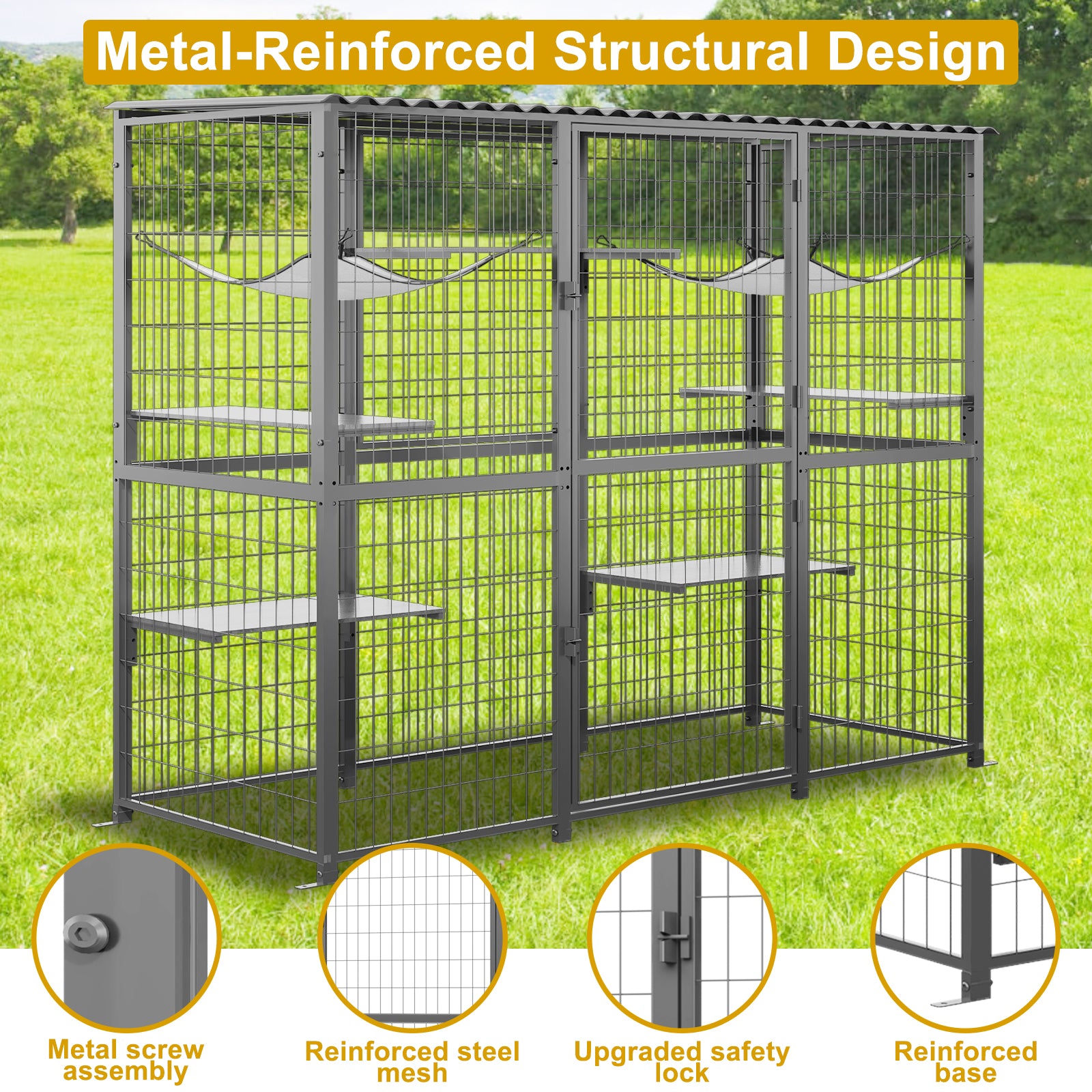 Outdoor Catio with Roof Metal Large Cat Enclosure with 5 Jumping Platforms and 2 Hammocks Cat Cage Enclosure for Cat Activity