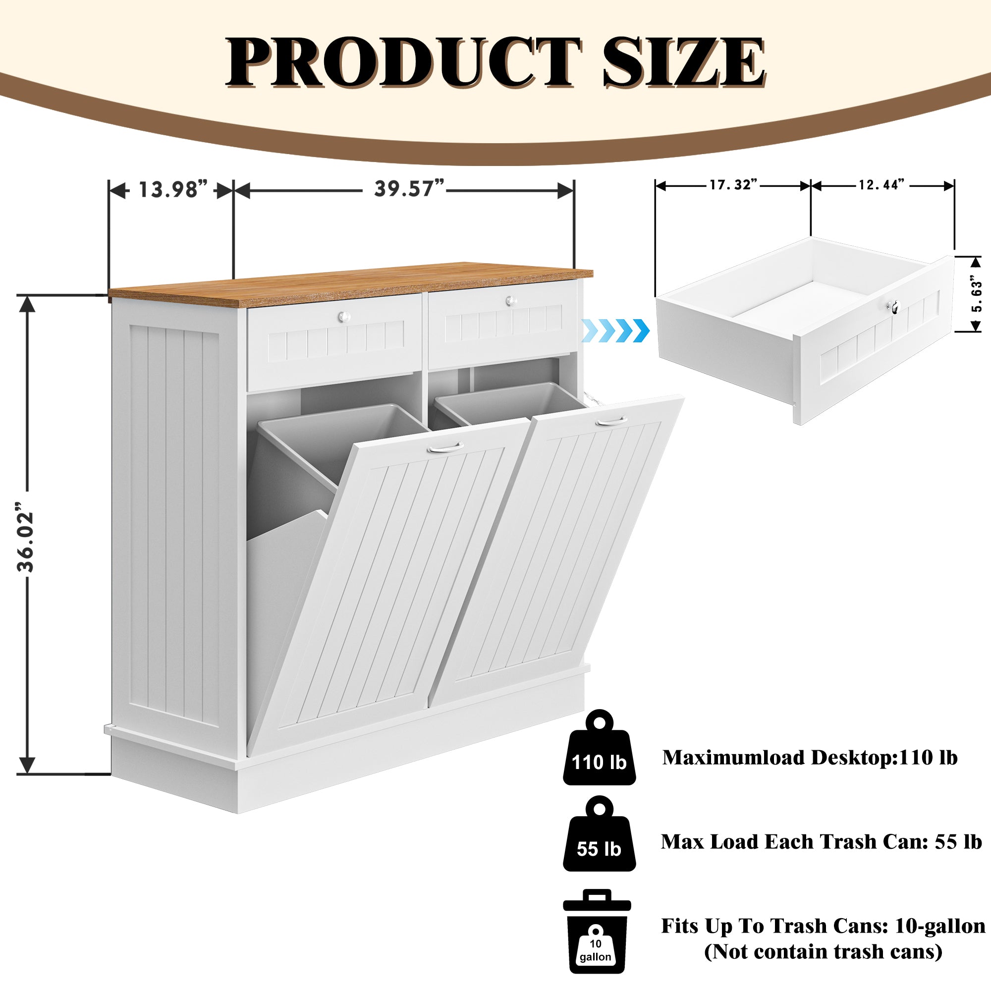 Farmhouse 40 in. W x 14 in. D x 36 in. H Ready to Assemble Cabinets Floor Tilt Out Trash Can Cabinet in White