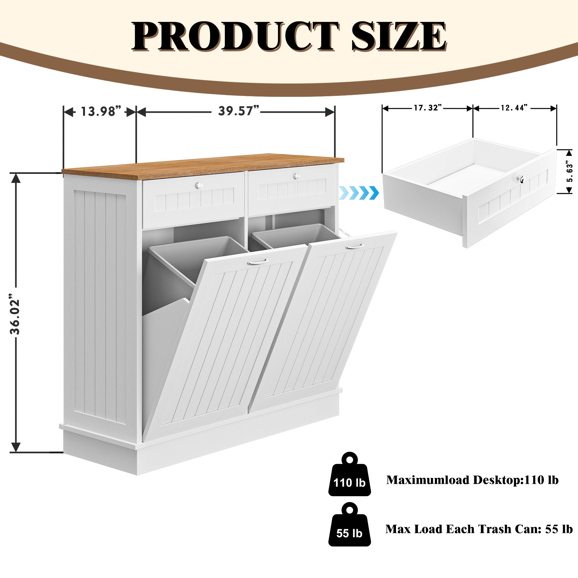 Farmhouse 40 in. W x 14 in. D x 36 in. H Ready to Assemble Cabinets Floor Tilt Out Trash Can Cabinet in White