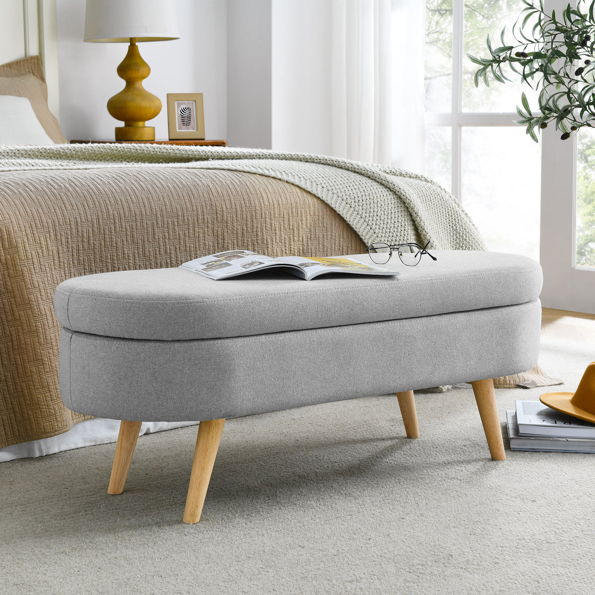 Ottoman Oval Storage Bench,Rubber Wood Legs(43.5"x16"x16")