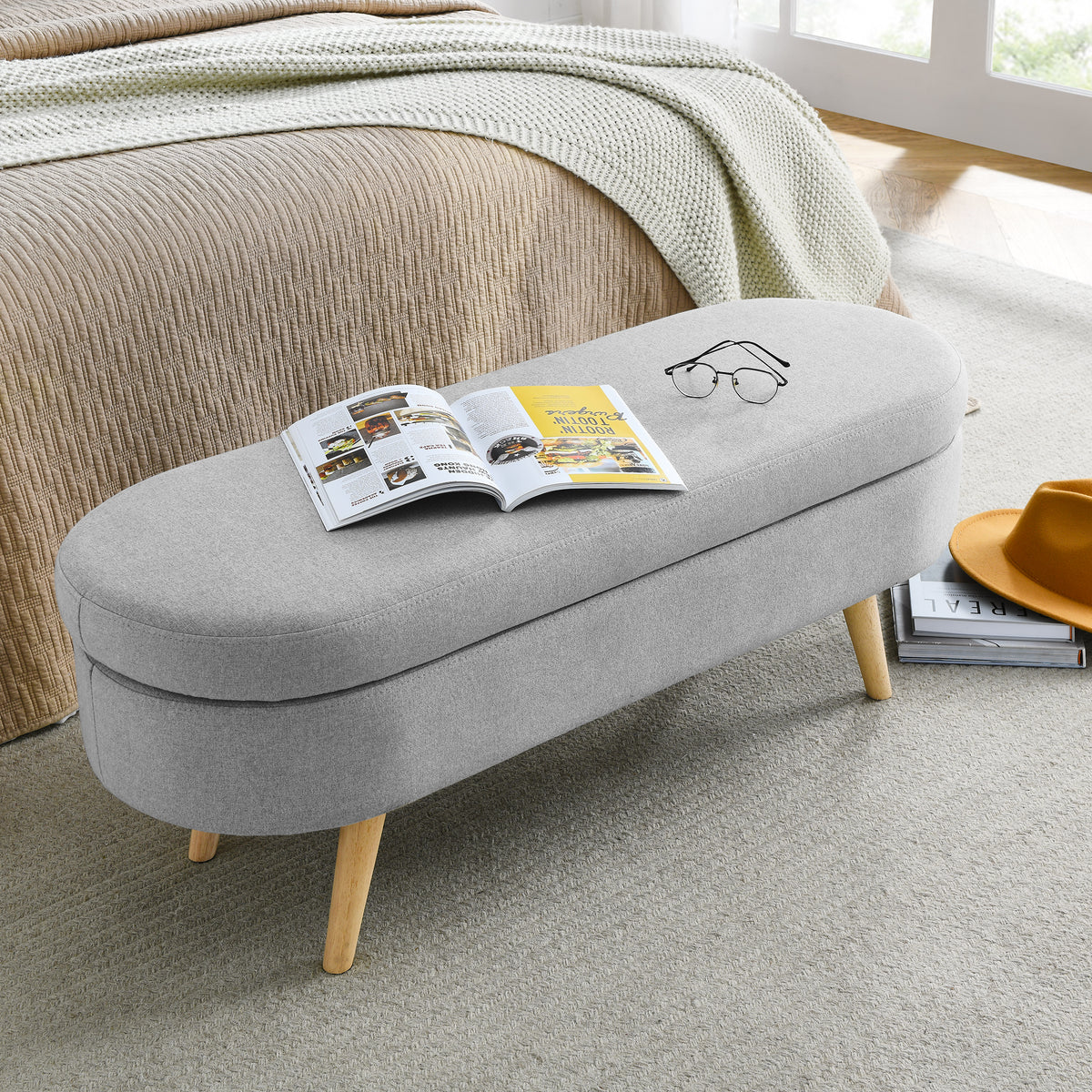Ottoman Oval Storage Bench,Rubber Wood Legs(43.5"x16"x16")