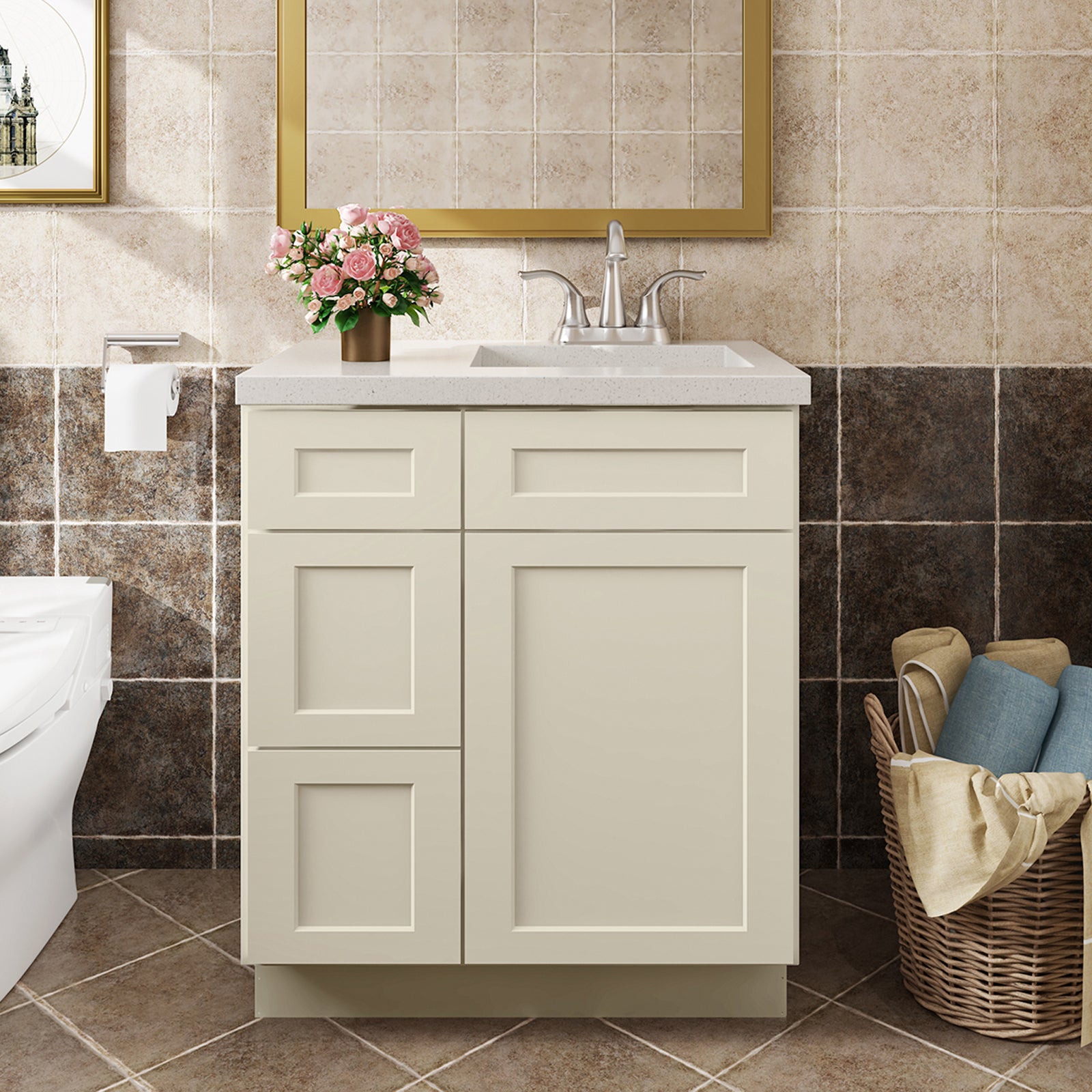 V Series One Left Door Three Drawer Bathroom Vanity Base Cabinet, Kitchen Cabinet