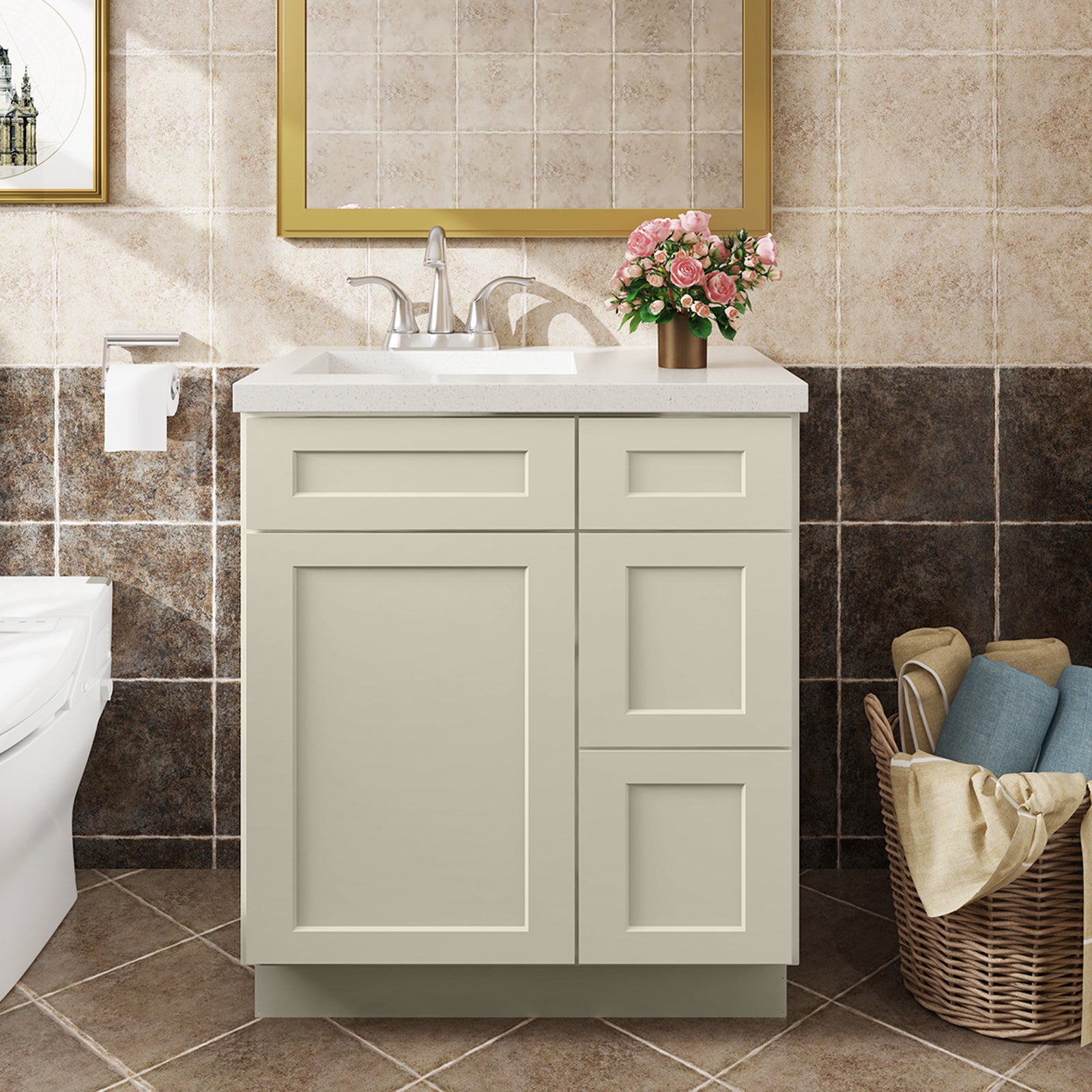 V Series One Left Door Three Drawer Bathroom Vanity Base Cabinet, Kitchen Cabinet