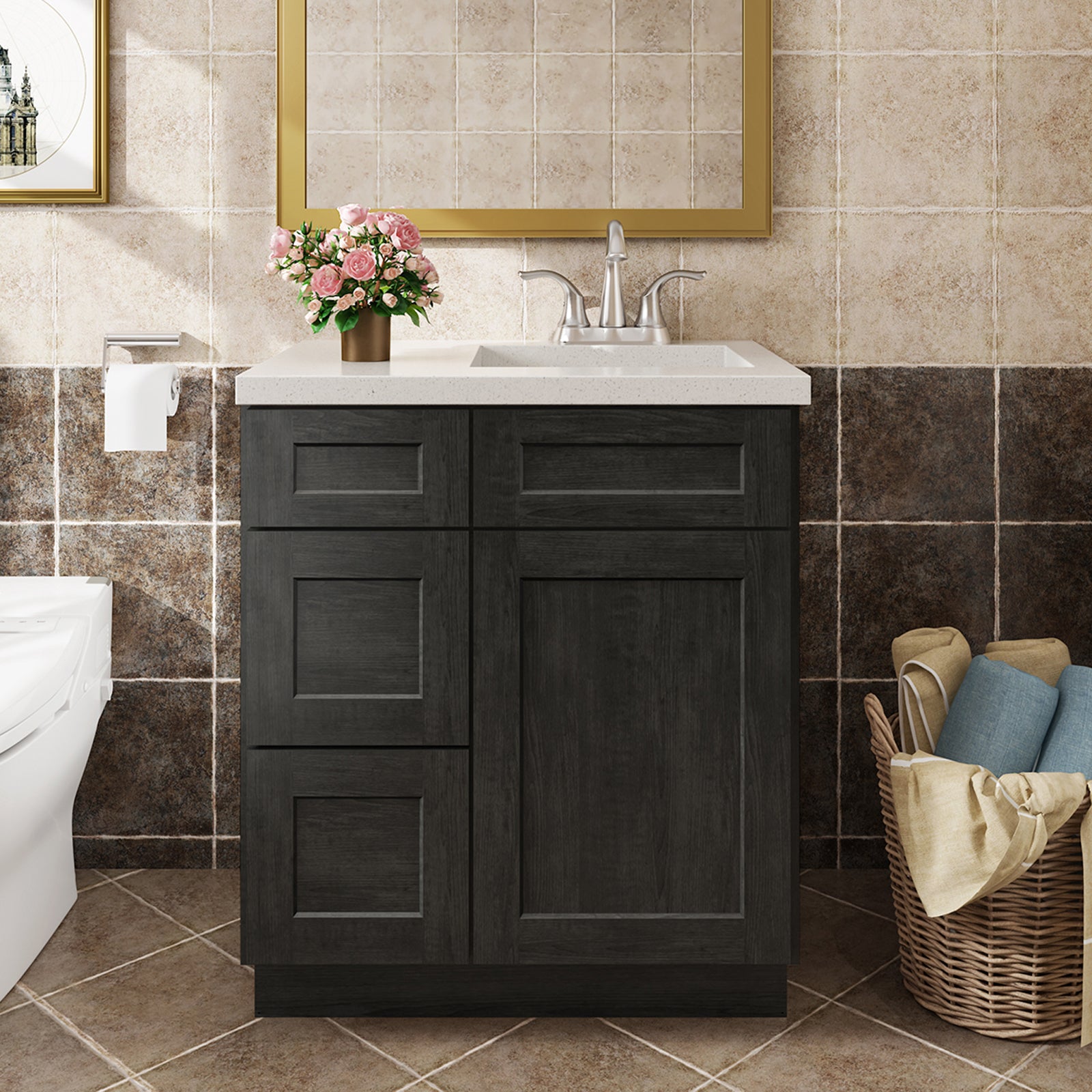 V Series One Left Door Three Drawer Bathroom Vanity Base Cabinet, Kitchen Cabinet