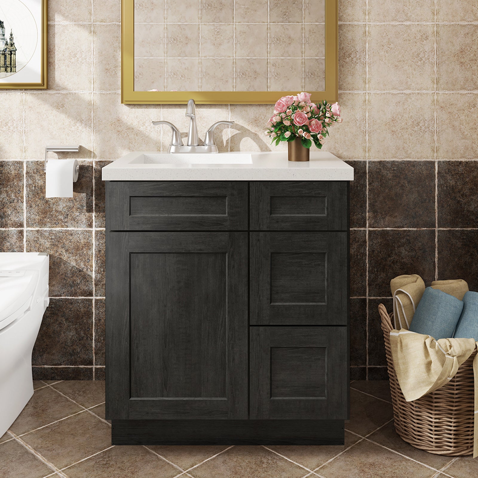 V Series One Left Door Three Drawer Bathroom Vanity Base Cabinet, Kitchen Cabinet
