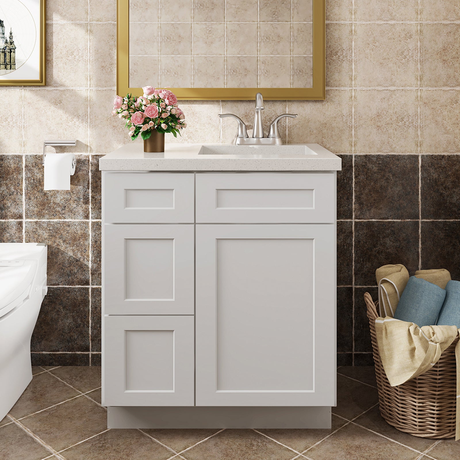 V Series One Left Door Three Drawer Bathroom Vanity Base Cabinet, Kitchen Cabinet