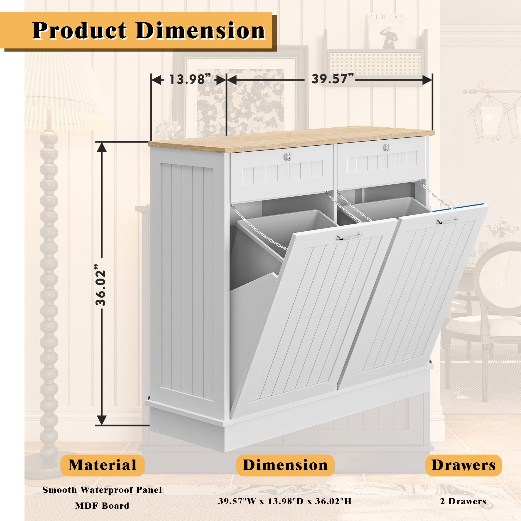 40 in. W x 14 in. D x 36 in. H Ready to Assemble Floor Base Tilt-Out Trash Kitchen Cabinet in White with 2-Drawer
