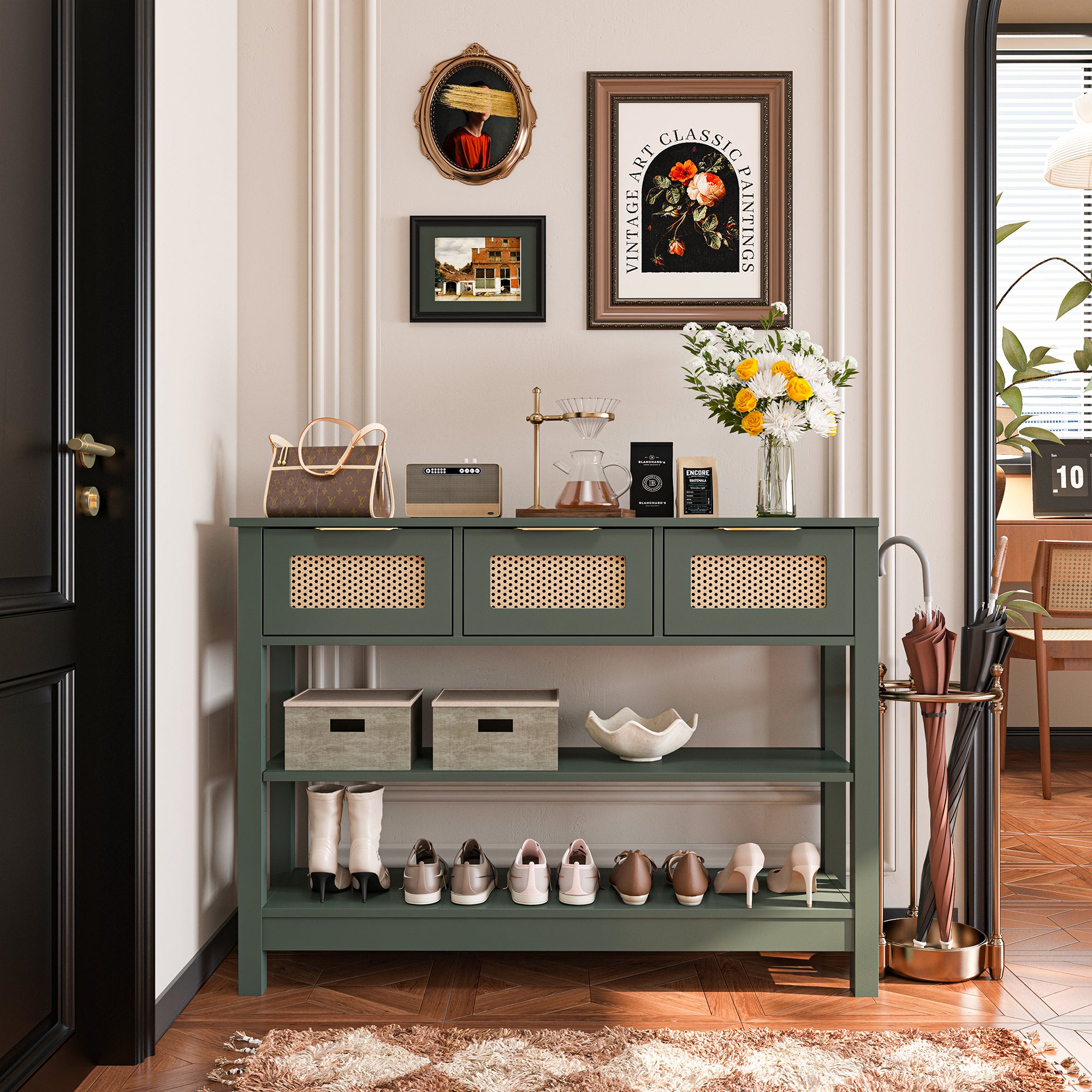 43.3 in. Natural Rectangle Wood Console Table with 3 Top Drawers and 2 Open Shelves