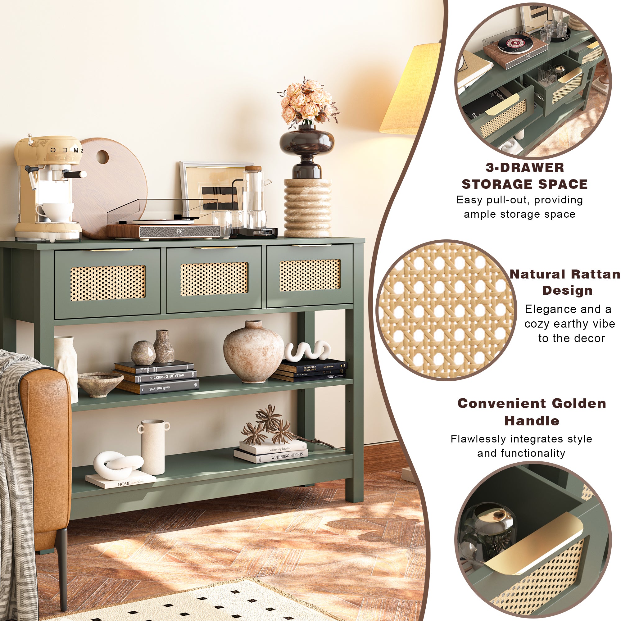 43.3 in. Natural Rectangle Wood Console Table with 3 Top Drawers and 2 Open Shelves