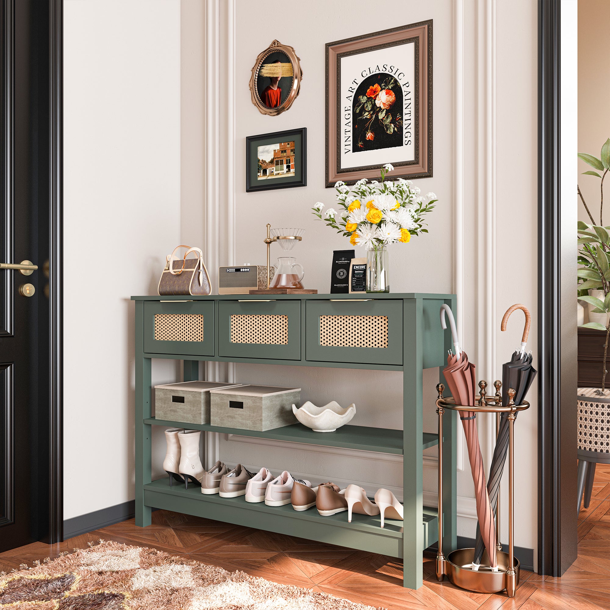 43.3 in. Natural Rectangle Wood Console Table with 3 Top Drawers and 2 Open Shelves