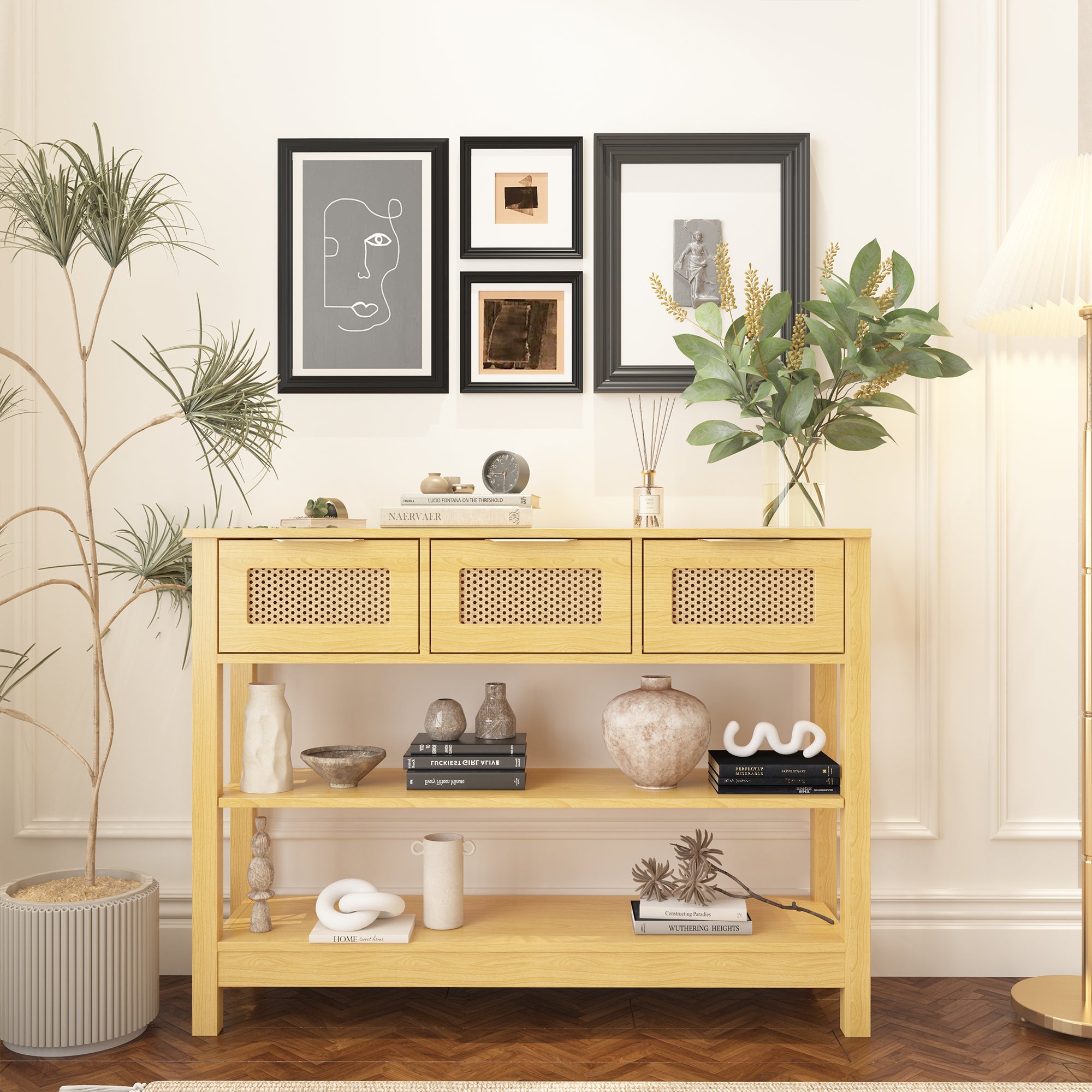 43.3 in. Natural Rectangle Wood Console Table with 3 Top Drawers and 2 Open Shelves