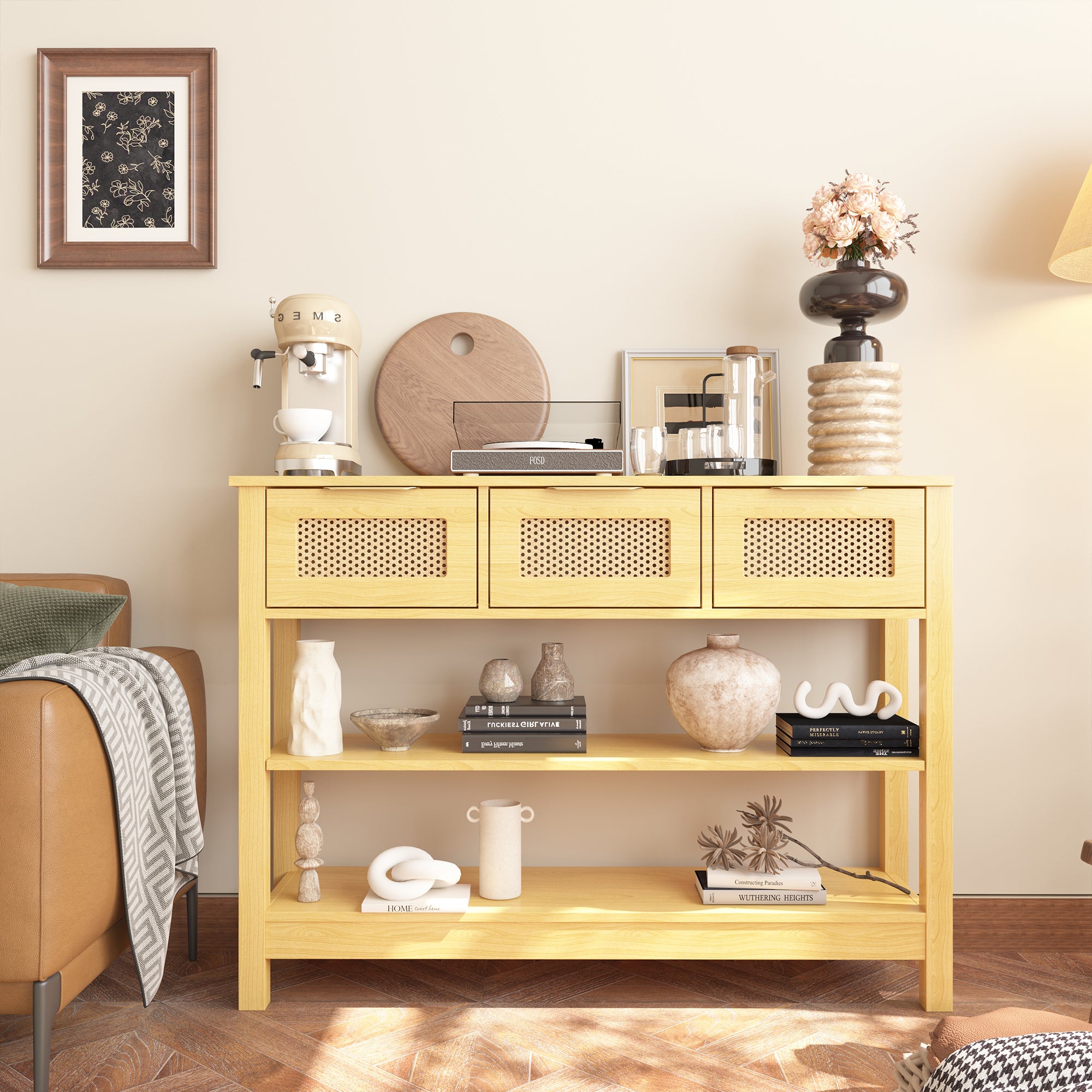 43.3 in. Natural Rectangle Wood Console Table with 3 Top Drawers and 2 Open Shelves