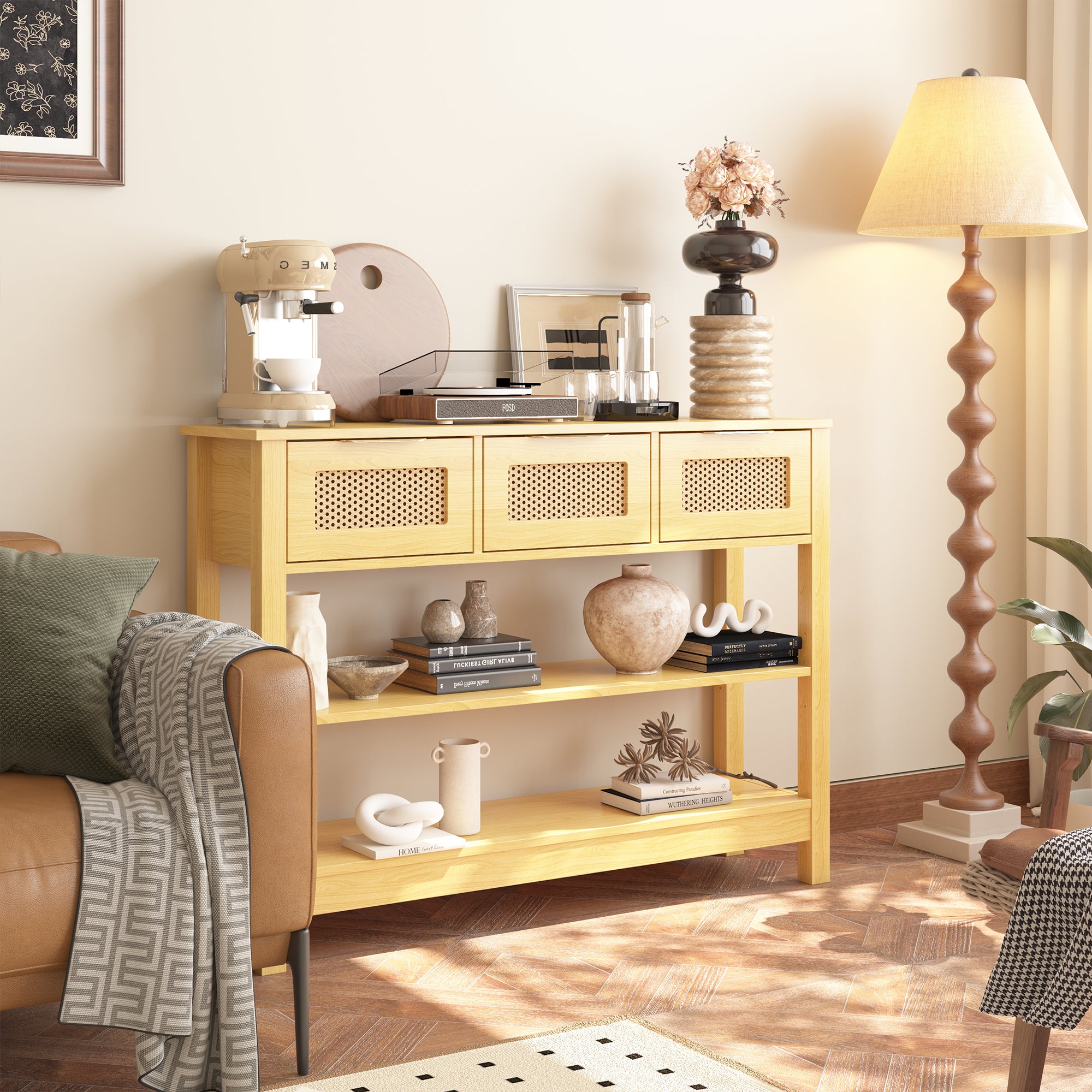 43.3 in. Natural Rectangle Wood Console Table with 3 Top Drawers and 2 Open Shelves