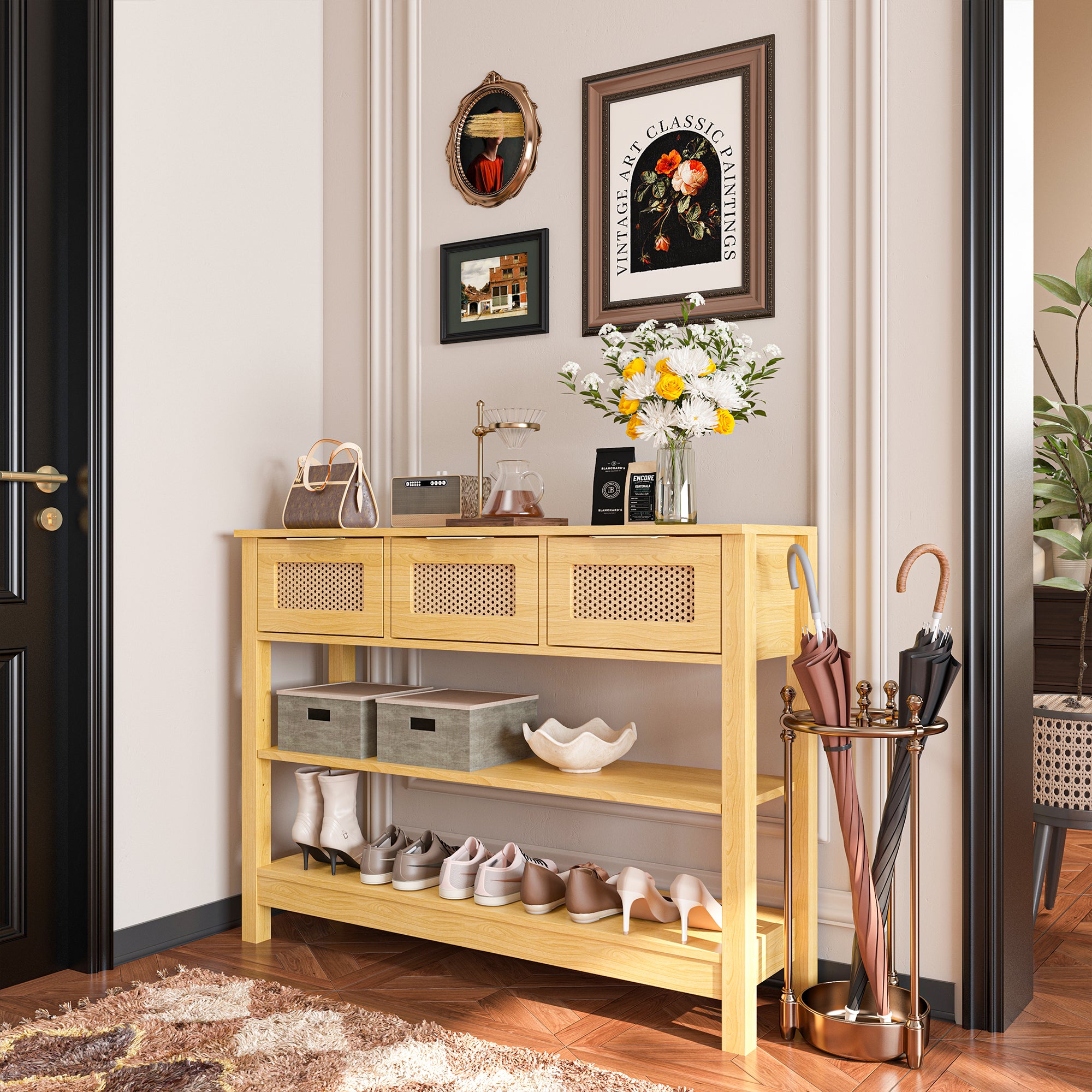 43.3 in. Natural Rectangle Wood Console Table with 3 Top Drawers and 2 Open Shelves