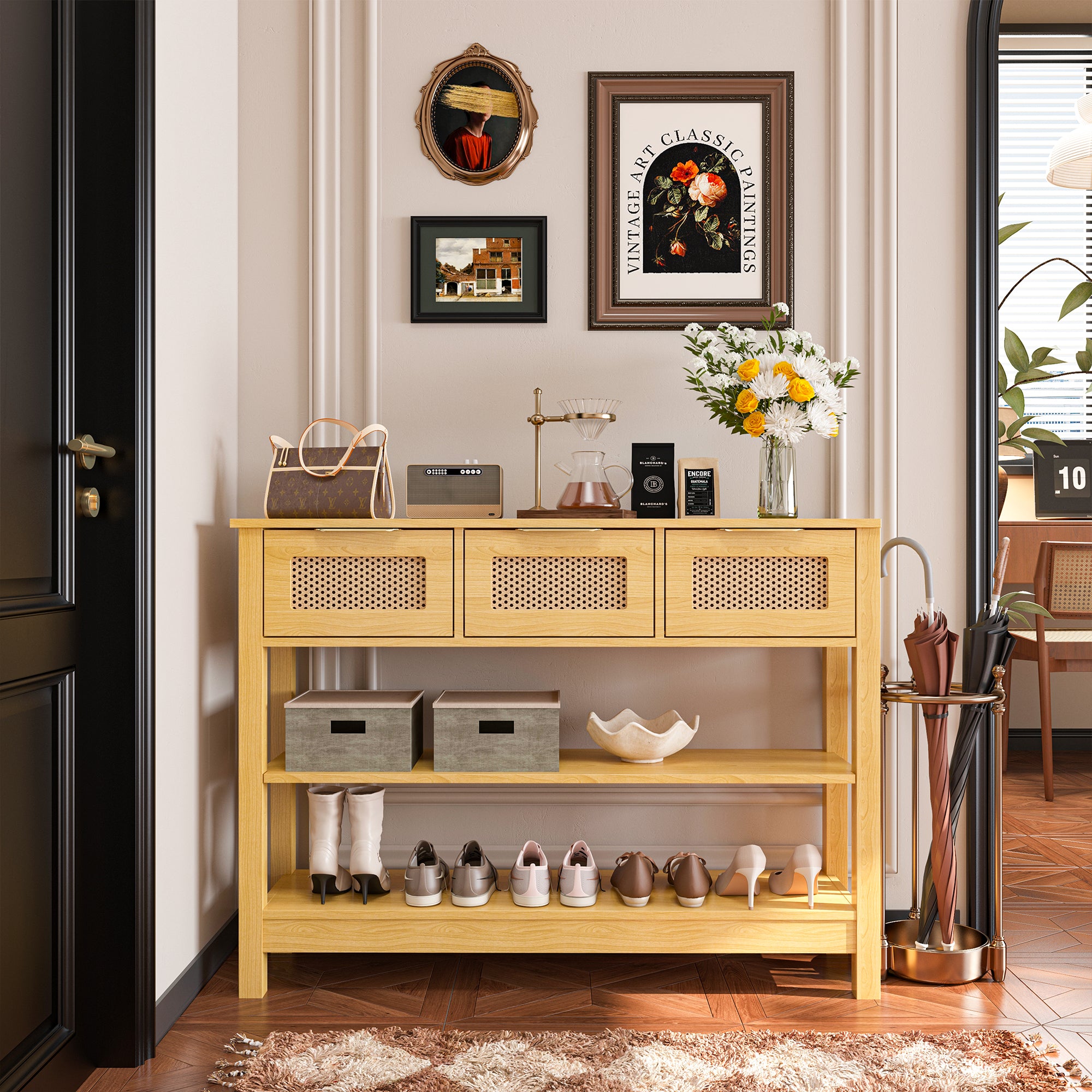 43.3 in. Natural Rectangle Wood Console Table with 3 Top Drawers and 2 Open Shelves