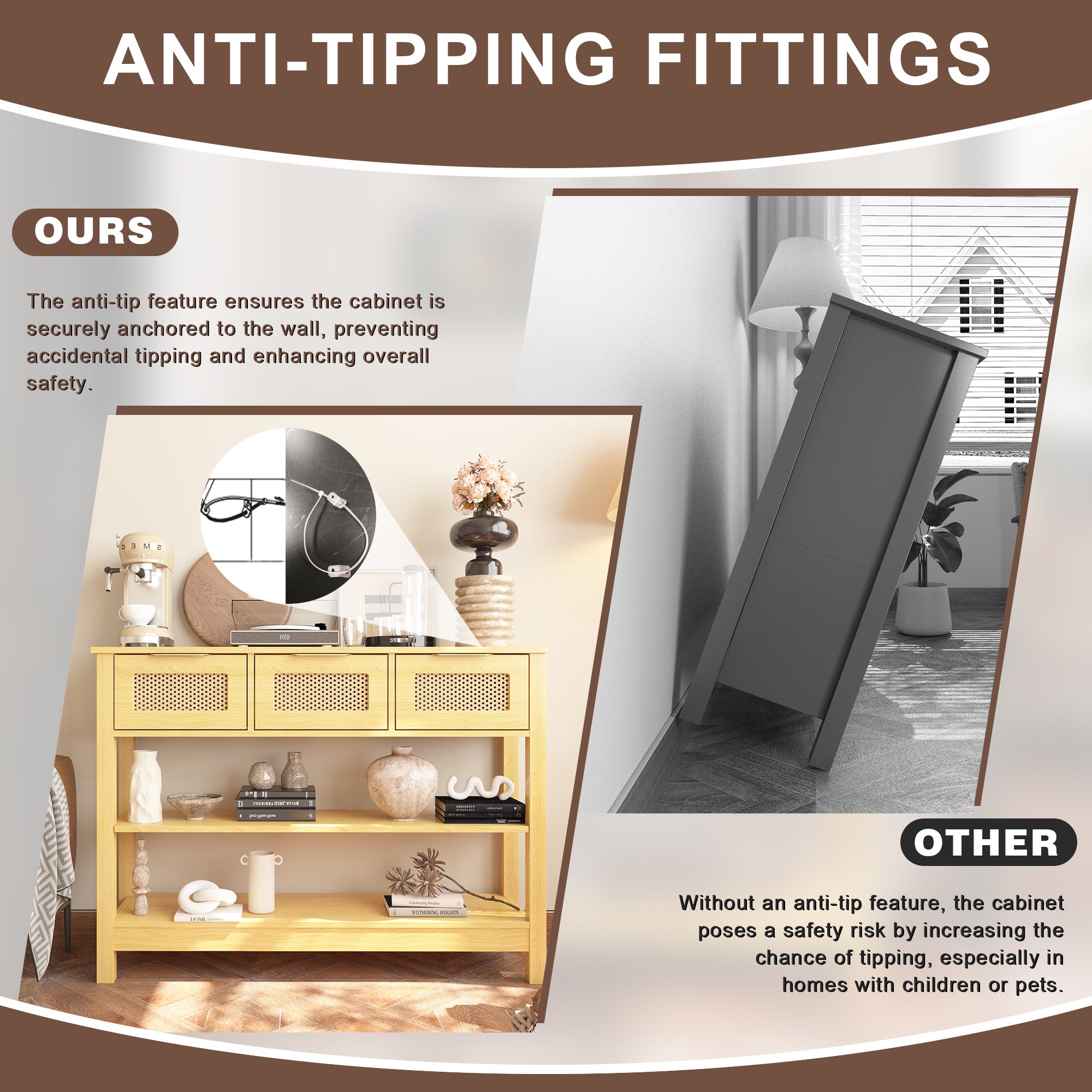 43.3 in. Natural Rectangle Wood Console Table with 3 Top Drawers and 2 Open Shelves