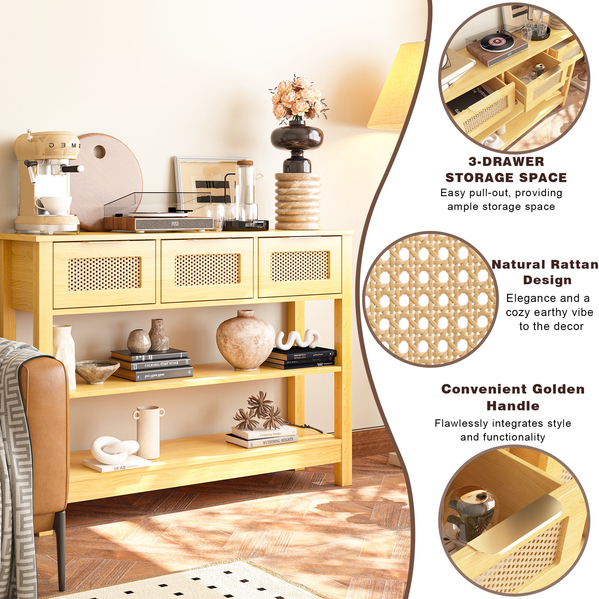 43.3 in. Natural Rectangle Wood Console Table with 3 Top Drawers and 2 Open Shelves