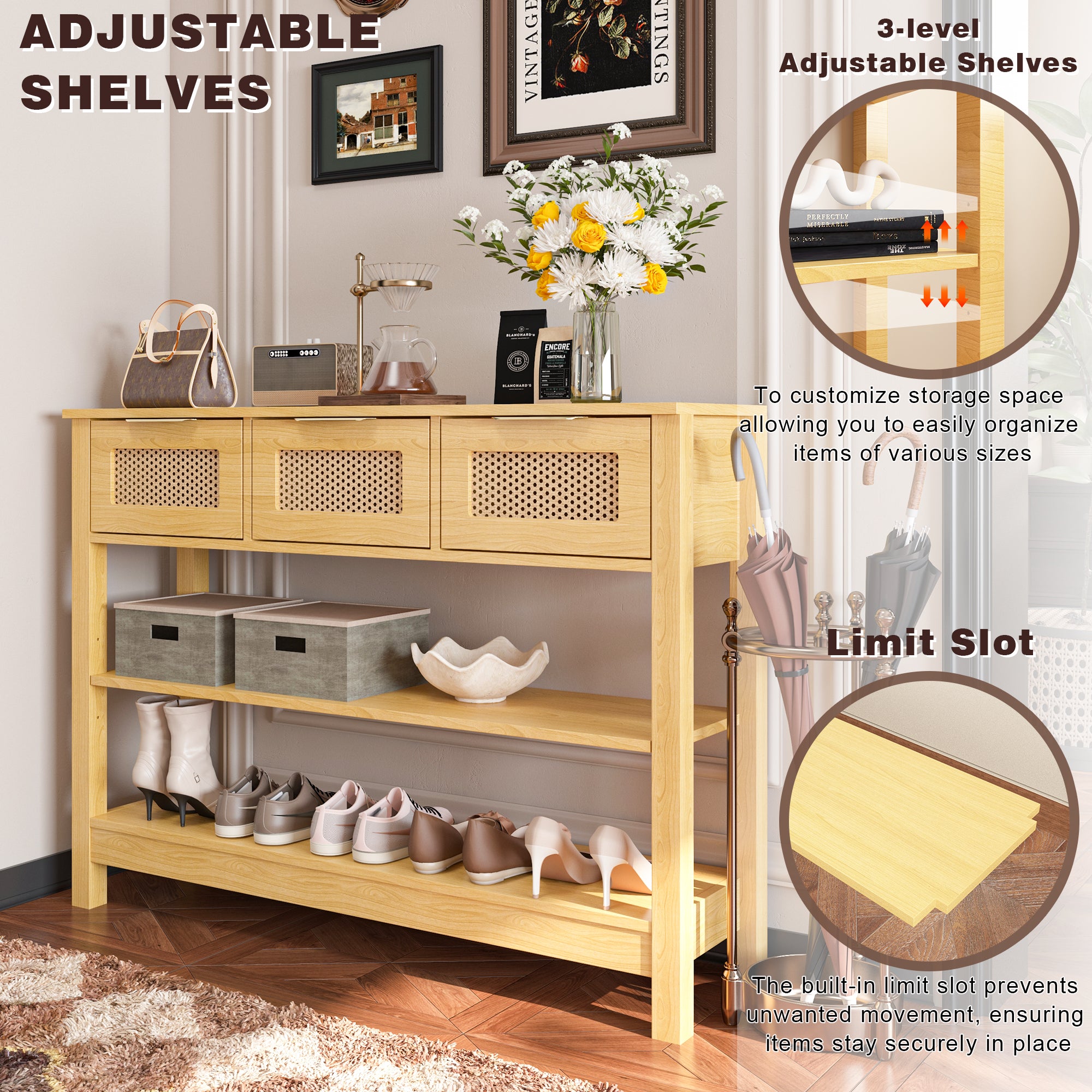 43.3 in. Natural Rectangle Wood Console Table with 3 Top Drawers and 2 Open Shelves