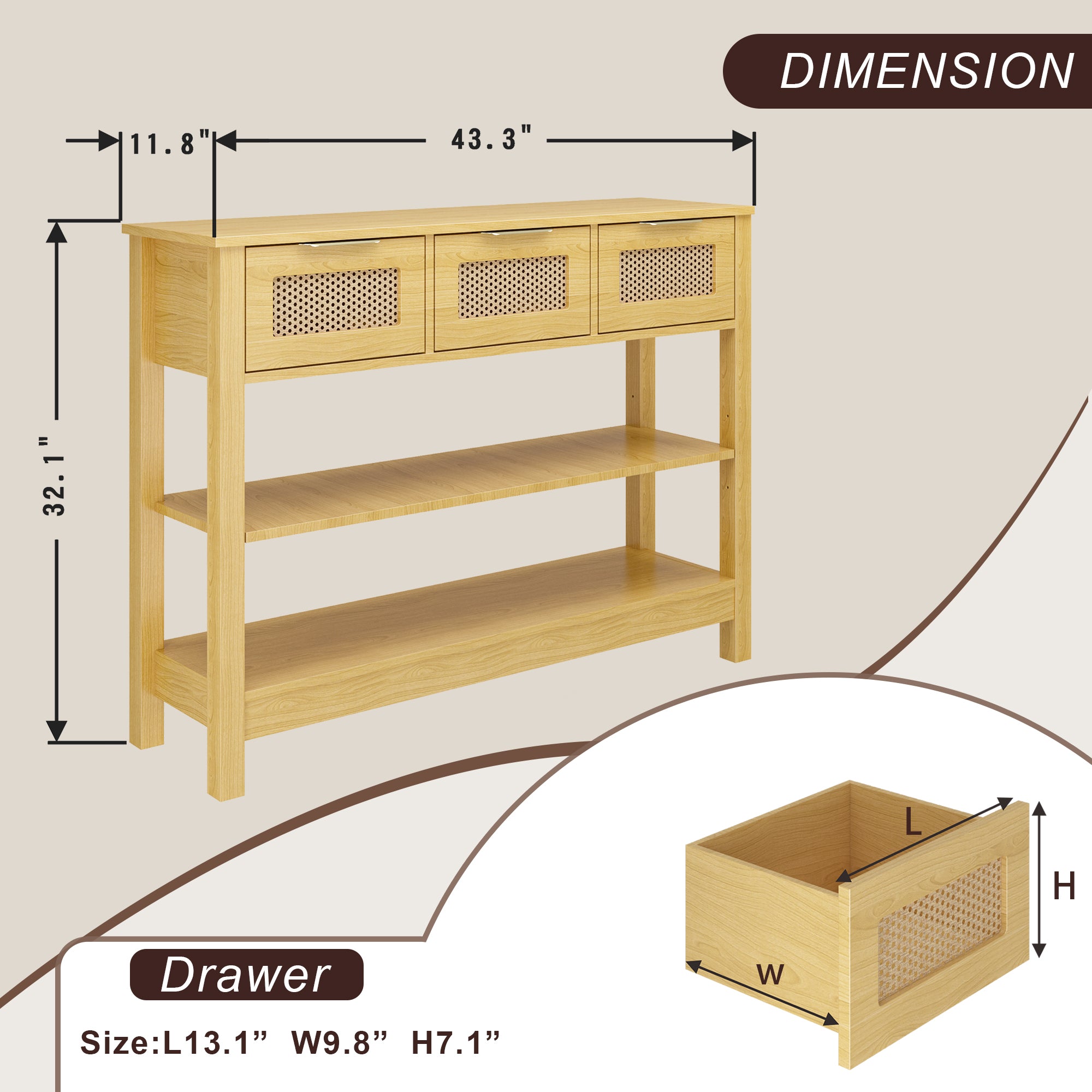43.3 in. Natural Rectangle Wood Console Table with 3 Top Drawers and 2 Open Shelves