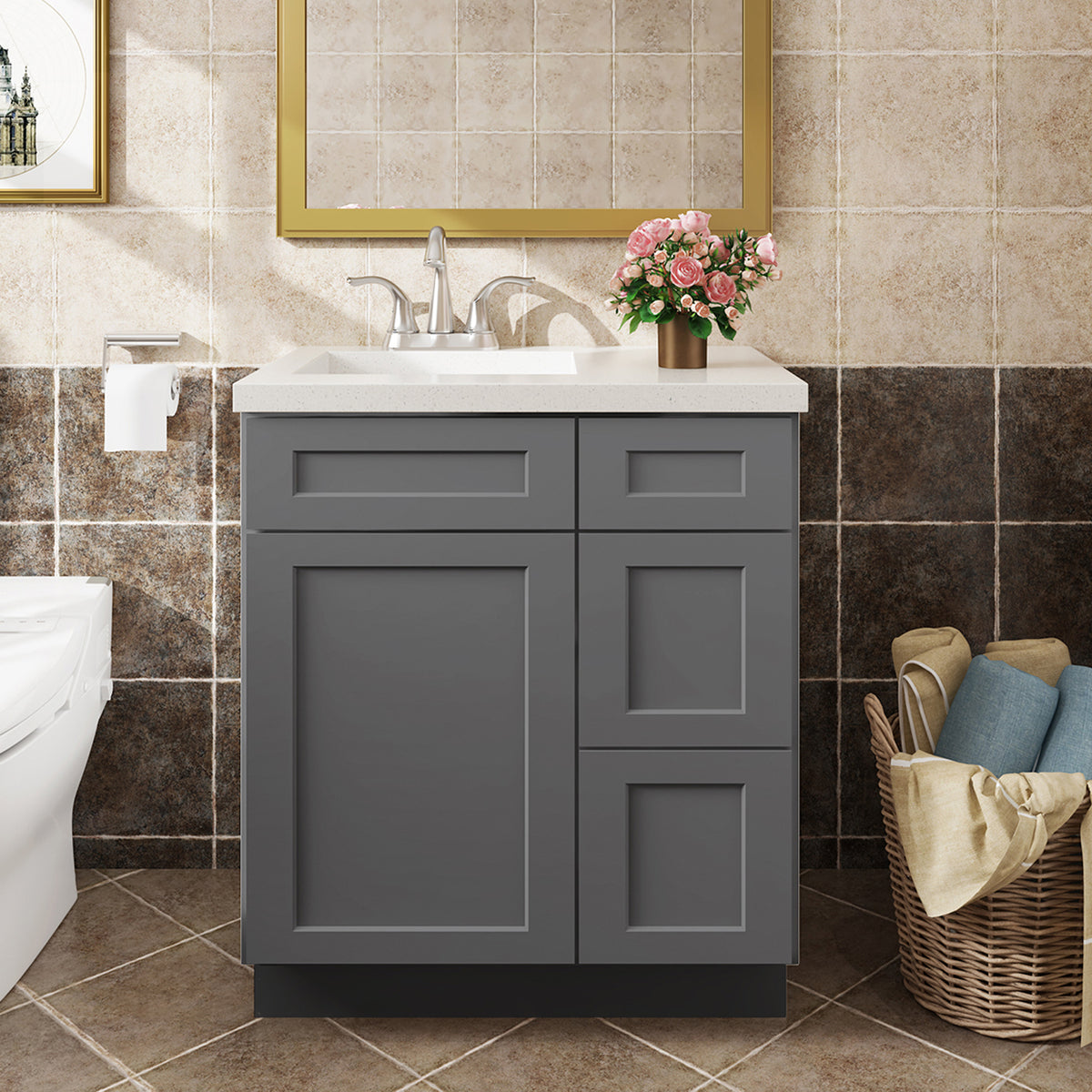 V Series One Left Door Three Drawer Bathroom Vanity Base Cabinet, Kitchen Cabinet
