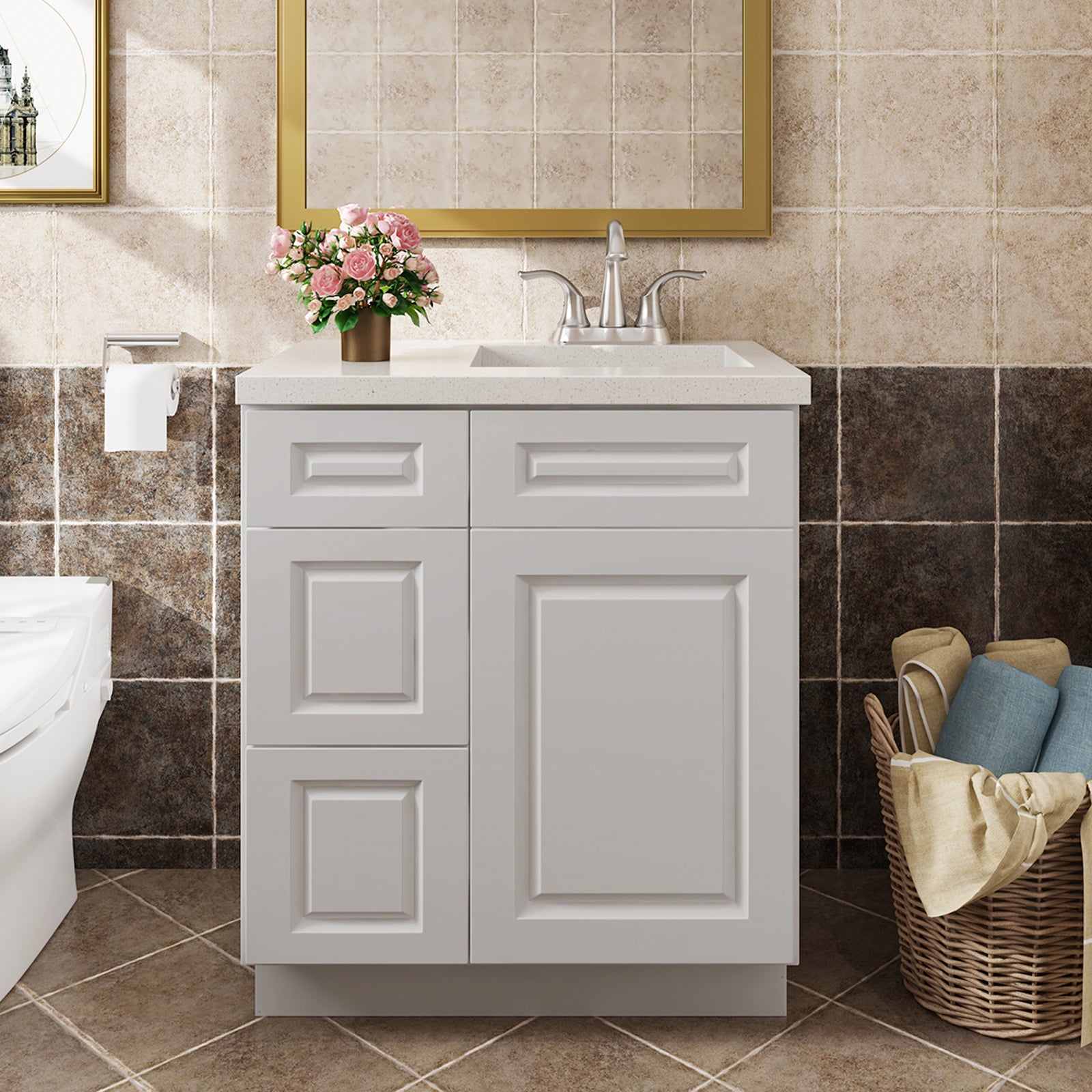 V Series One Left Door Three Drawer Bathroom Vanity Base Cabinet, Kitchen Cabinet