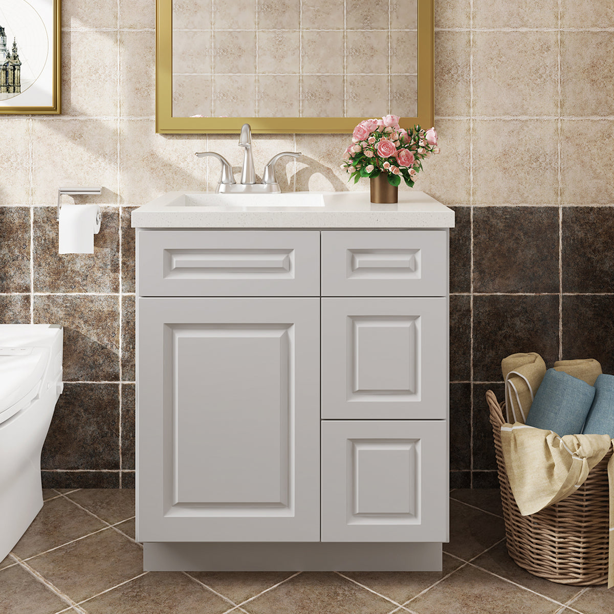 V Series One Left Door Three Drawer Bathroom Vanity Base Cabinet, Kitchen Cabinet