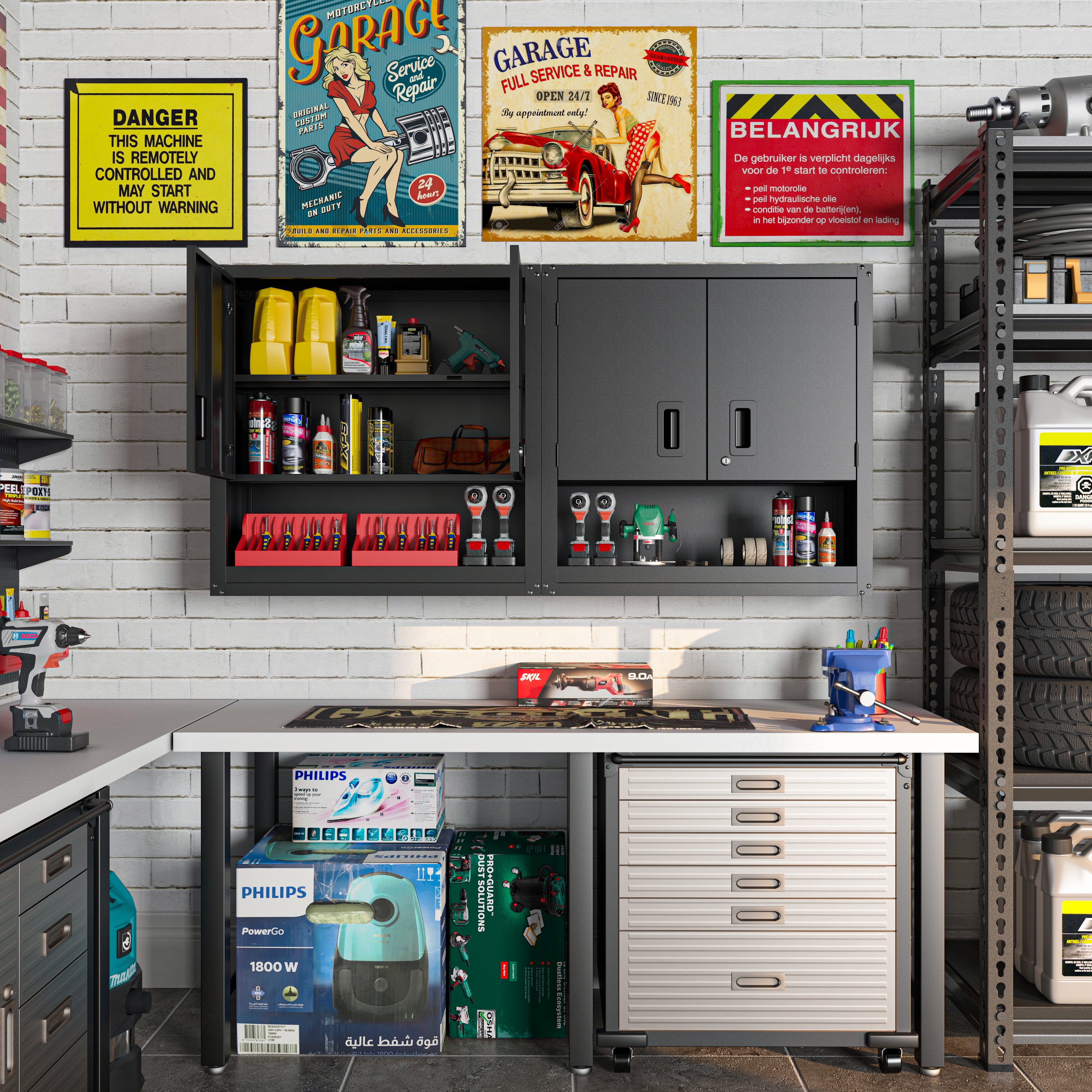 Garage Wall Mounted Storage Cabinet with Two Doors and One Shelf Lockable Metal Wall Cabinet Hanging Tool Cabinet for Garage Utility Room