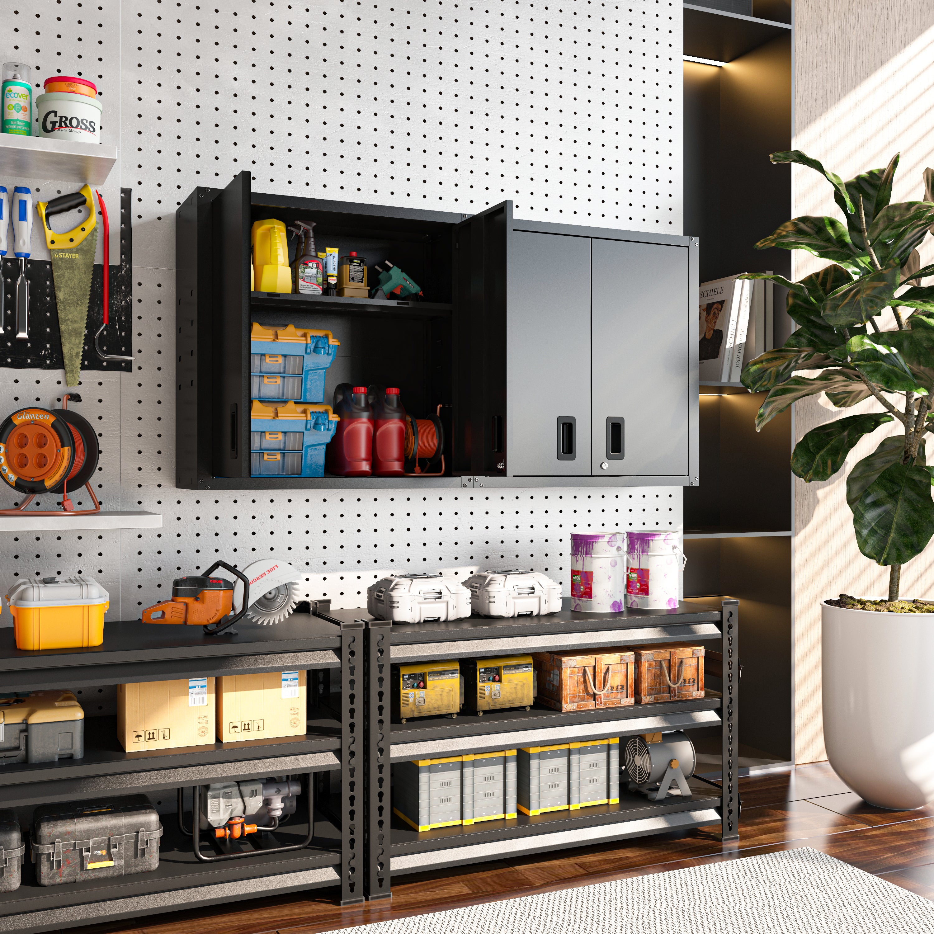 Garage Wall Mounted Storage Cabinet with Two Doors and One Shelf Lockable Metal Wall Cabinet Hanging Tool Cabinet for Garage Utility Room