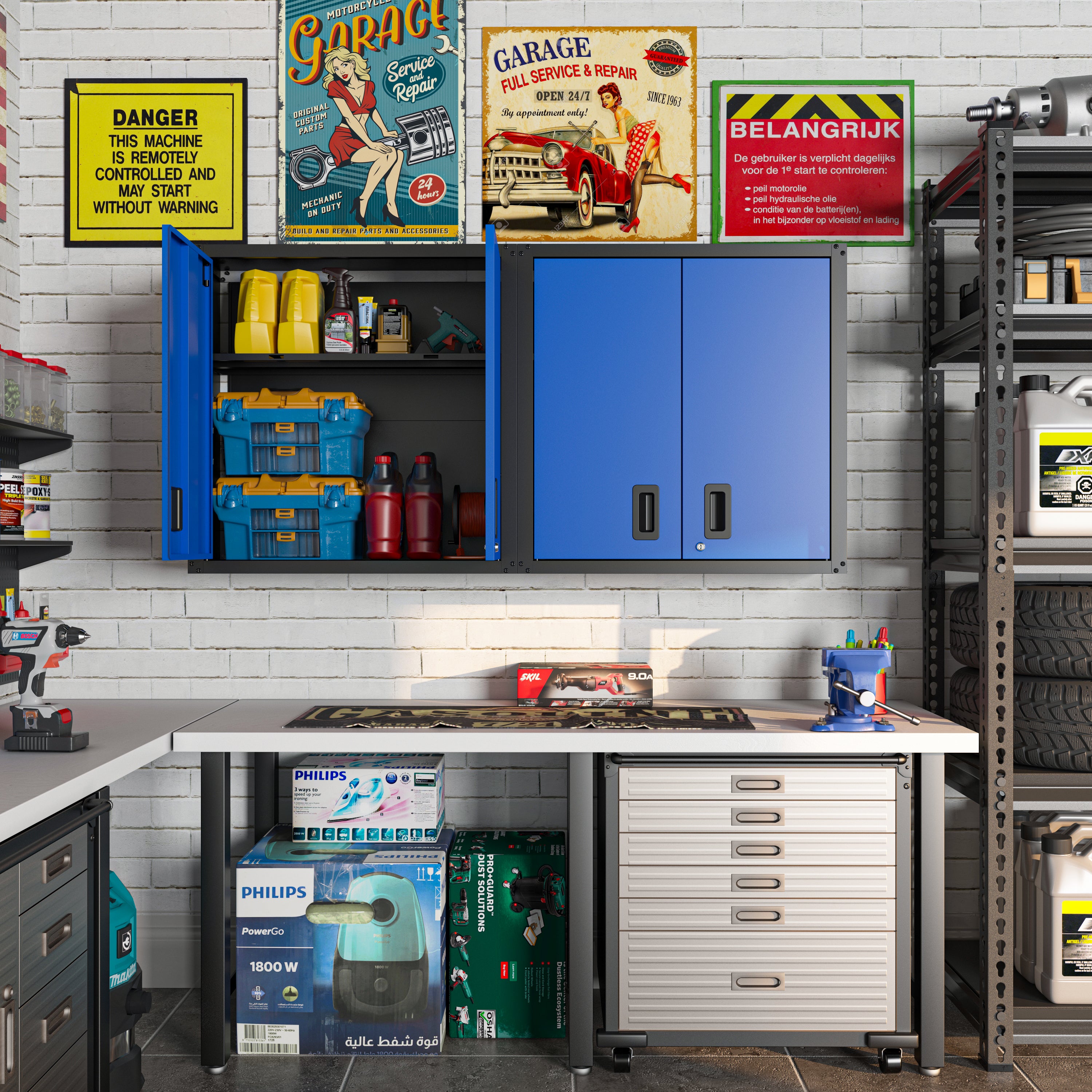 Garage Wall Mounted Storage Cabinet with Two Doors and One Shelf Lockable Metal Wall Cabinet Hanging Tool Cabinet for Garage Utility Room