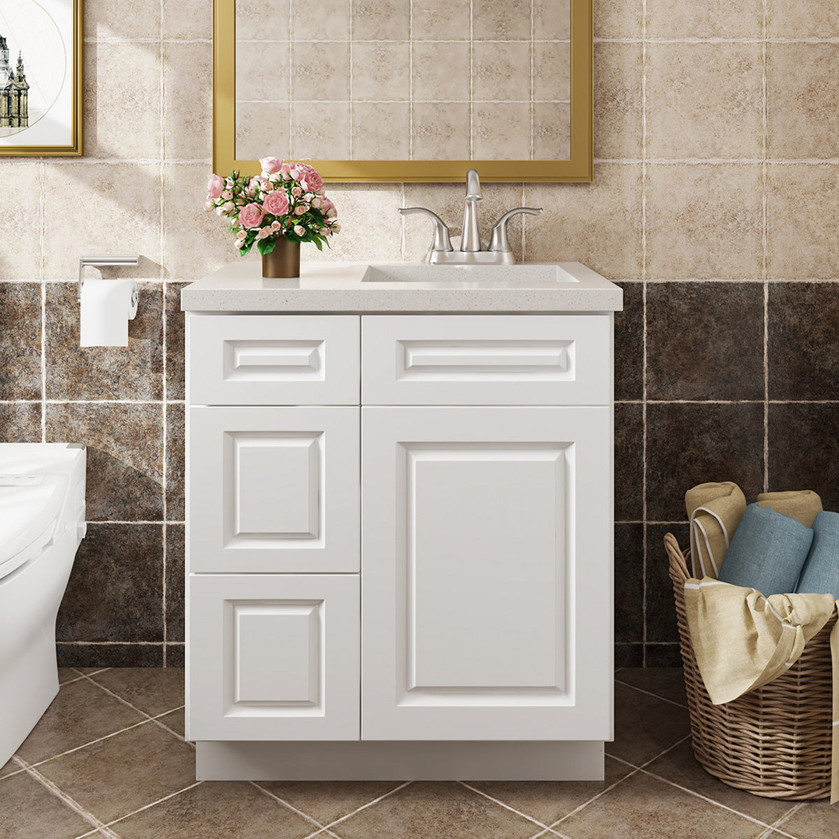 V Series One Left Door Three Drawer Bathroom Vanity Base Cabinet, Kitchen Cabinet
