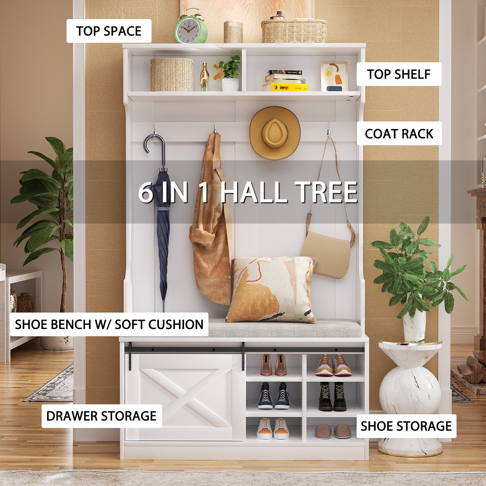 Branda Entryway Hall Tree with Bench and Shoe Storage, Coat Rack with Bench Shoe Storage with Slide Organizer Cabinet Drawer Barn Door and Adjustable Shelf