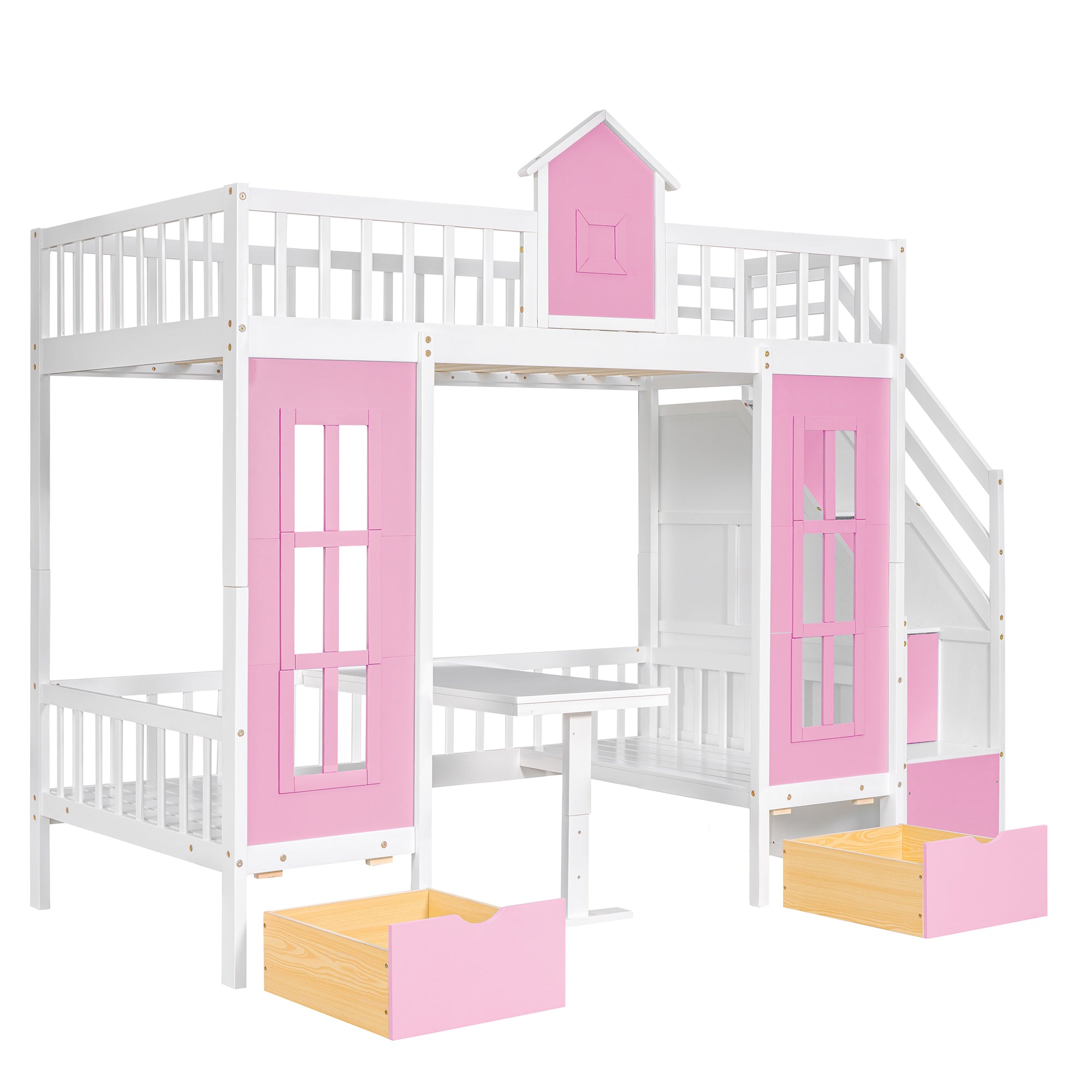 Twin-Over-Twin Bunk Bed with Changeable Table , Bunk Bed Turn into Upper Bed and Down Desk with 2 Drawers - Pink