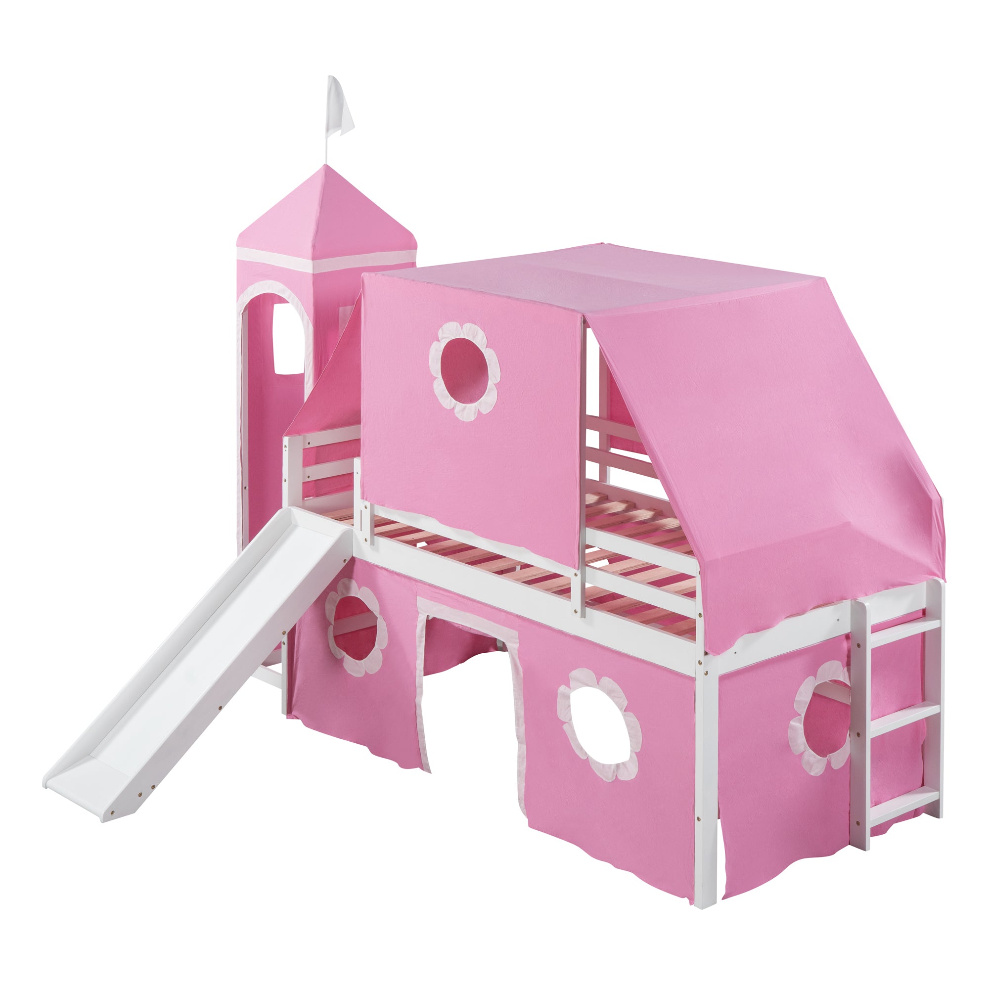 Twin Size Bunk Bed with Slide Pink Tent and Tower - Pink