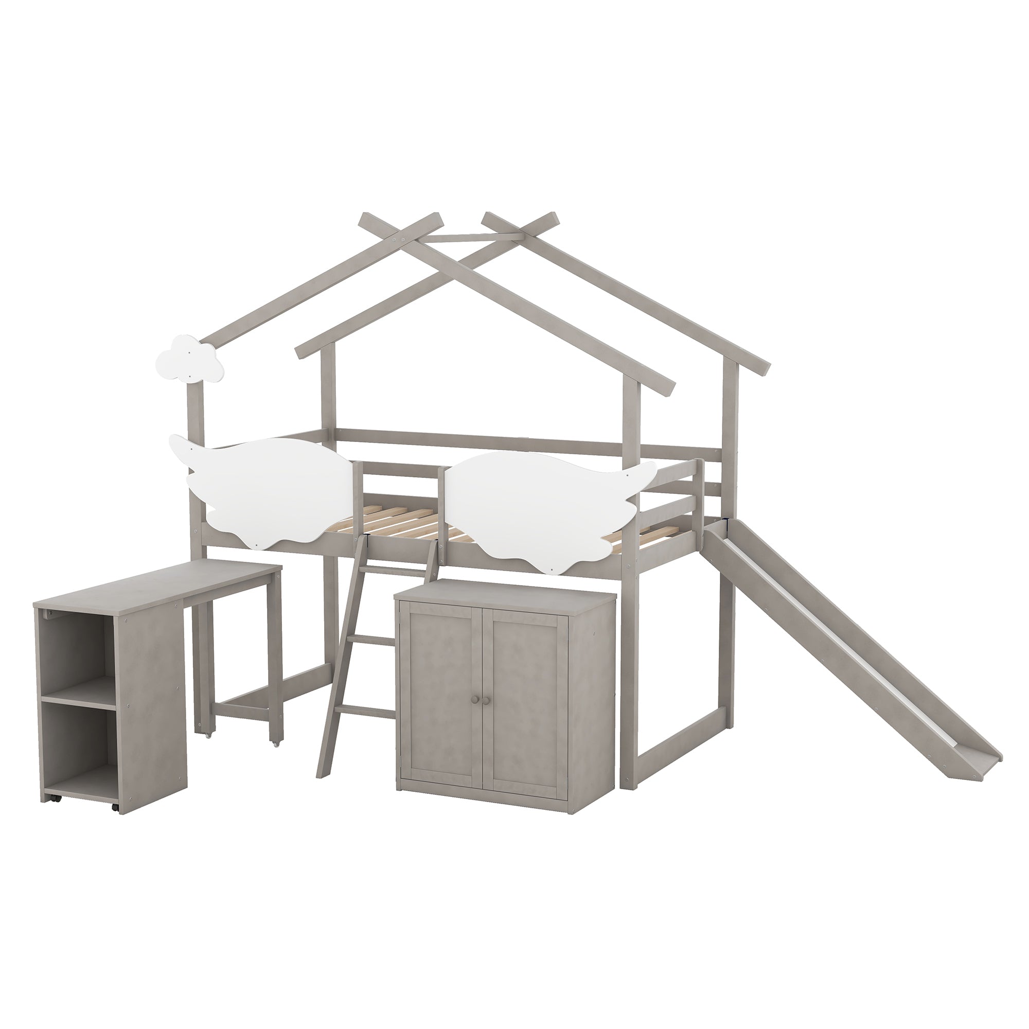 Twin Size House Bed with Wardrobe, Slide and Ladder, Wing-Shaped Fence, Pullable Desk with Storage, Worn Gray+White