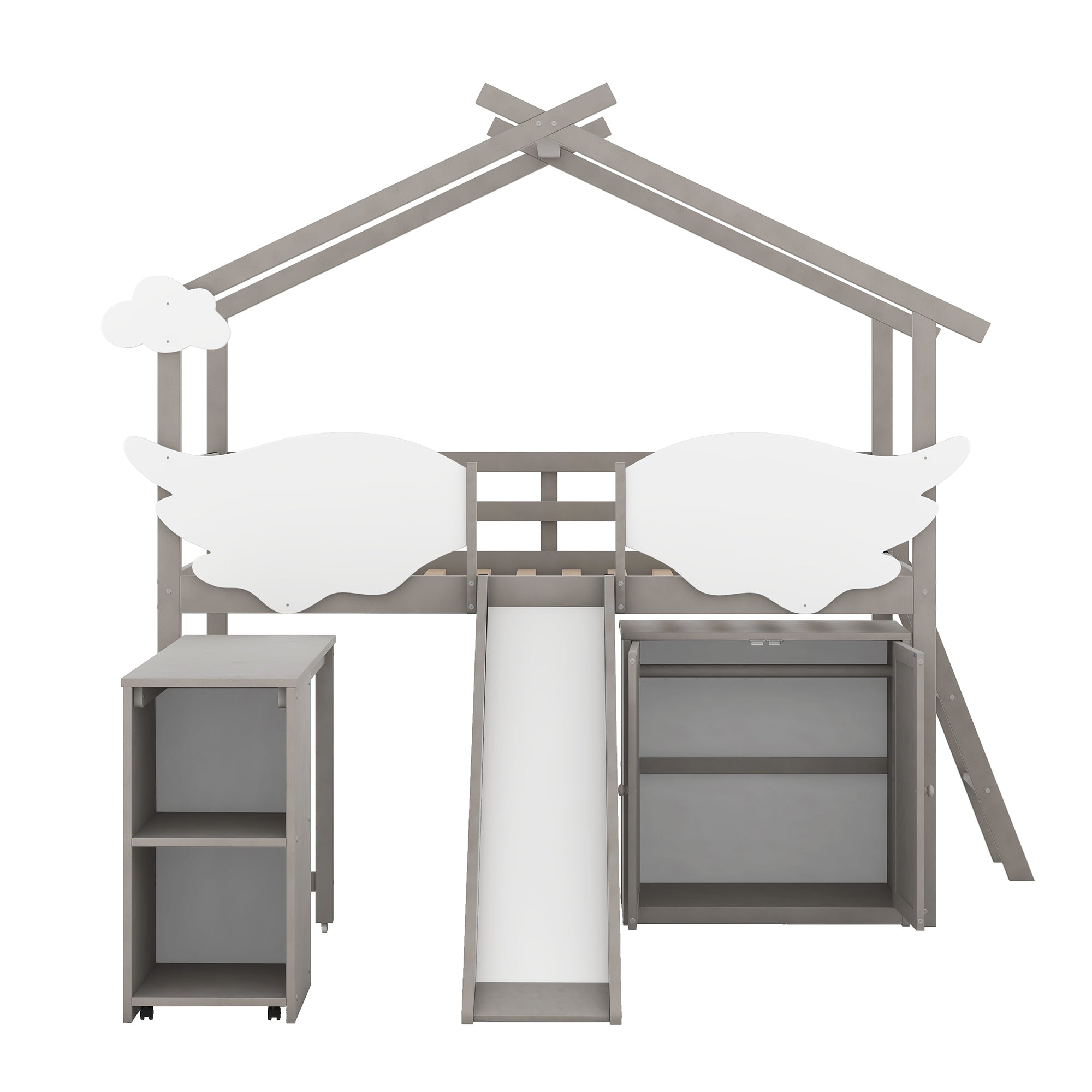 Twin Size House Bed with Wardrobe, Slide and Ladder, Wing-Shaped Fence, Pullable Desk with Storage, Worn Gray+White