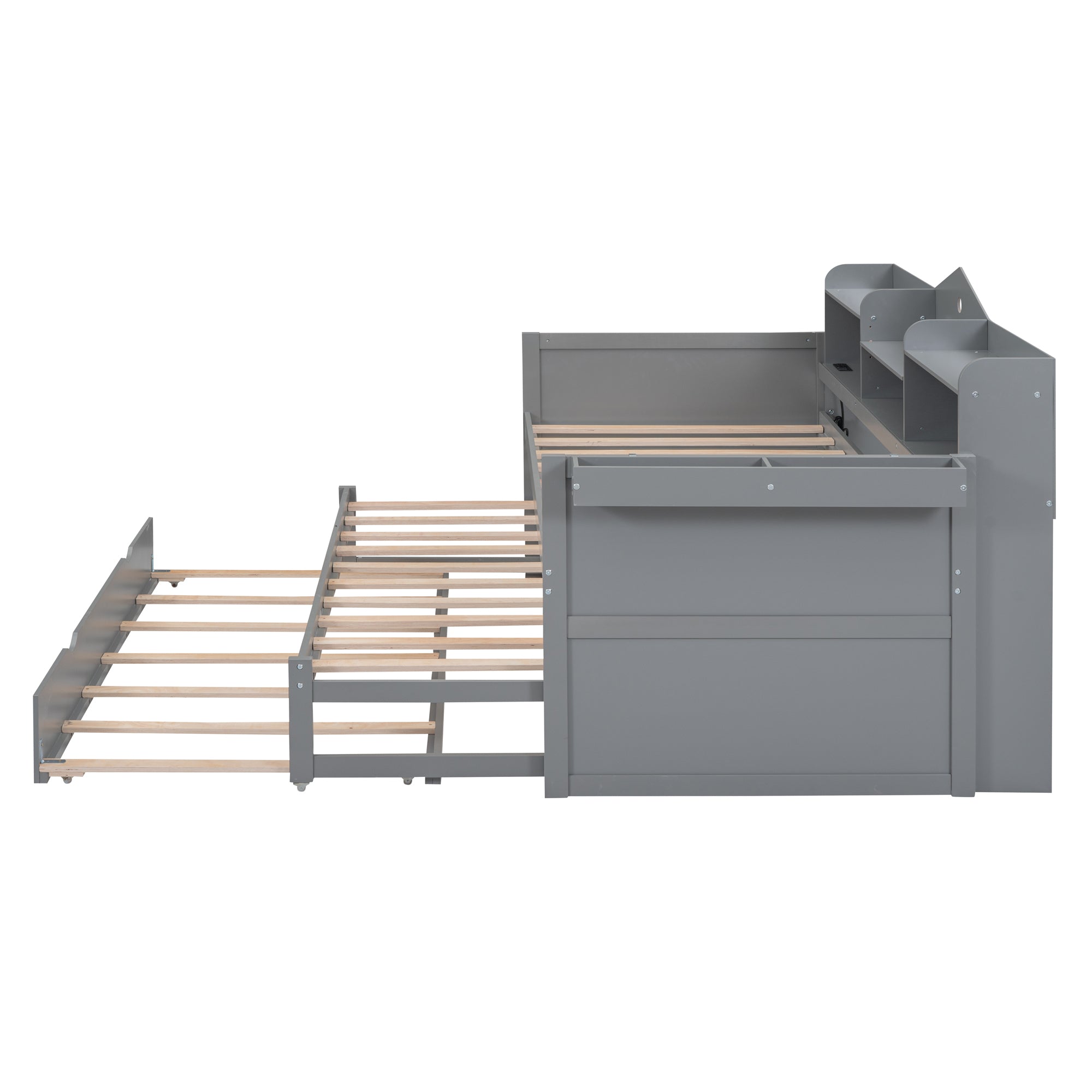 Twin XL Wooden Daybed with 2 Twin Trundles and Storage Shelf, Daybed with USB Charging Ports, No Box-spring Needed, Gray