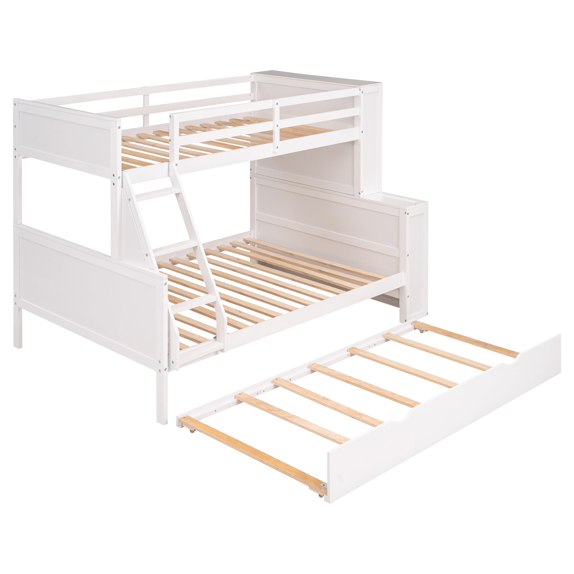 Twin over Full Bunk Bed with Trundle and Shelves, can be Separated into Three Separate Platform Beds, White